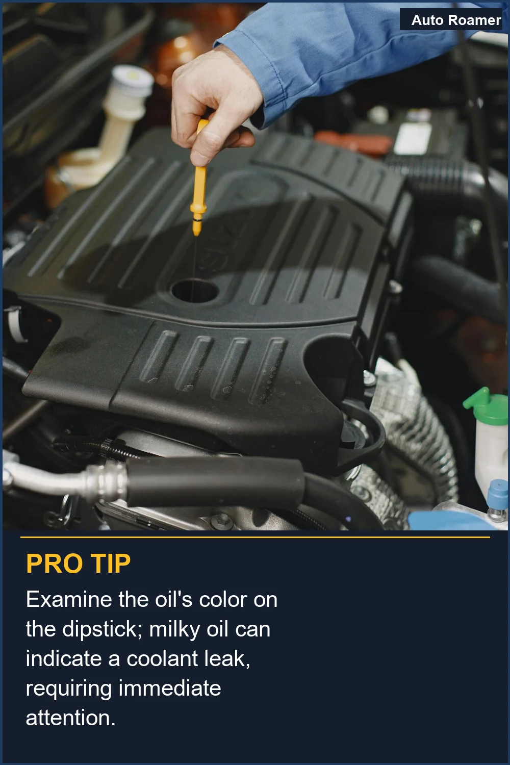Examine the oil's color on the dipstick; milky oil can indicate a coolant leak, requiring immediate attention.