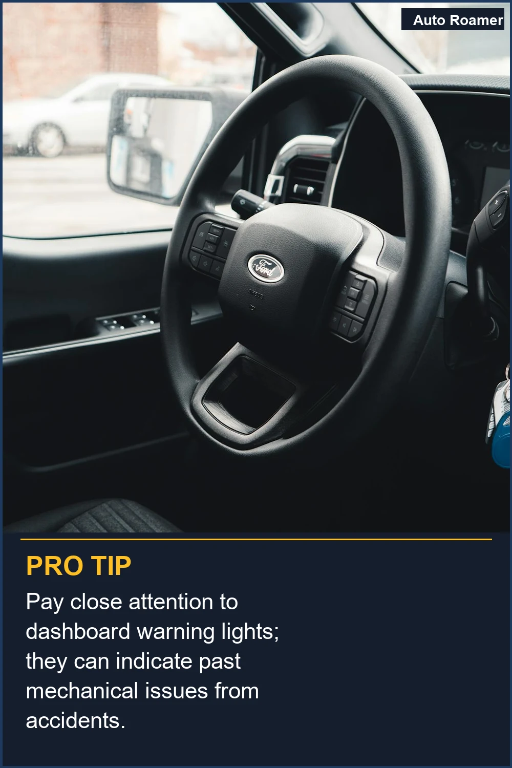 Pay close attention to dashboard warning lights; they can indicate past mechanical issues from accidents.