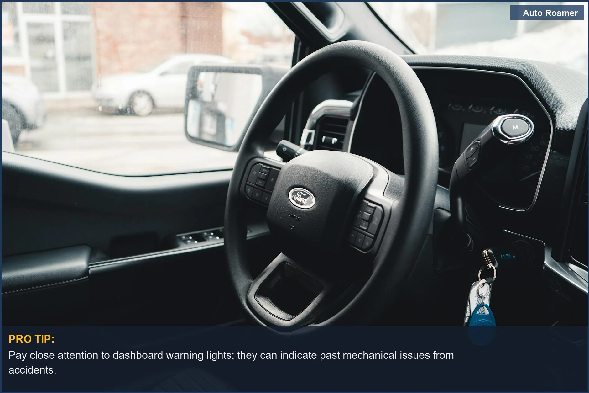 Modern car interiors with steering wheel and keys are great, but verify accident history first.