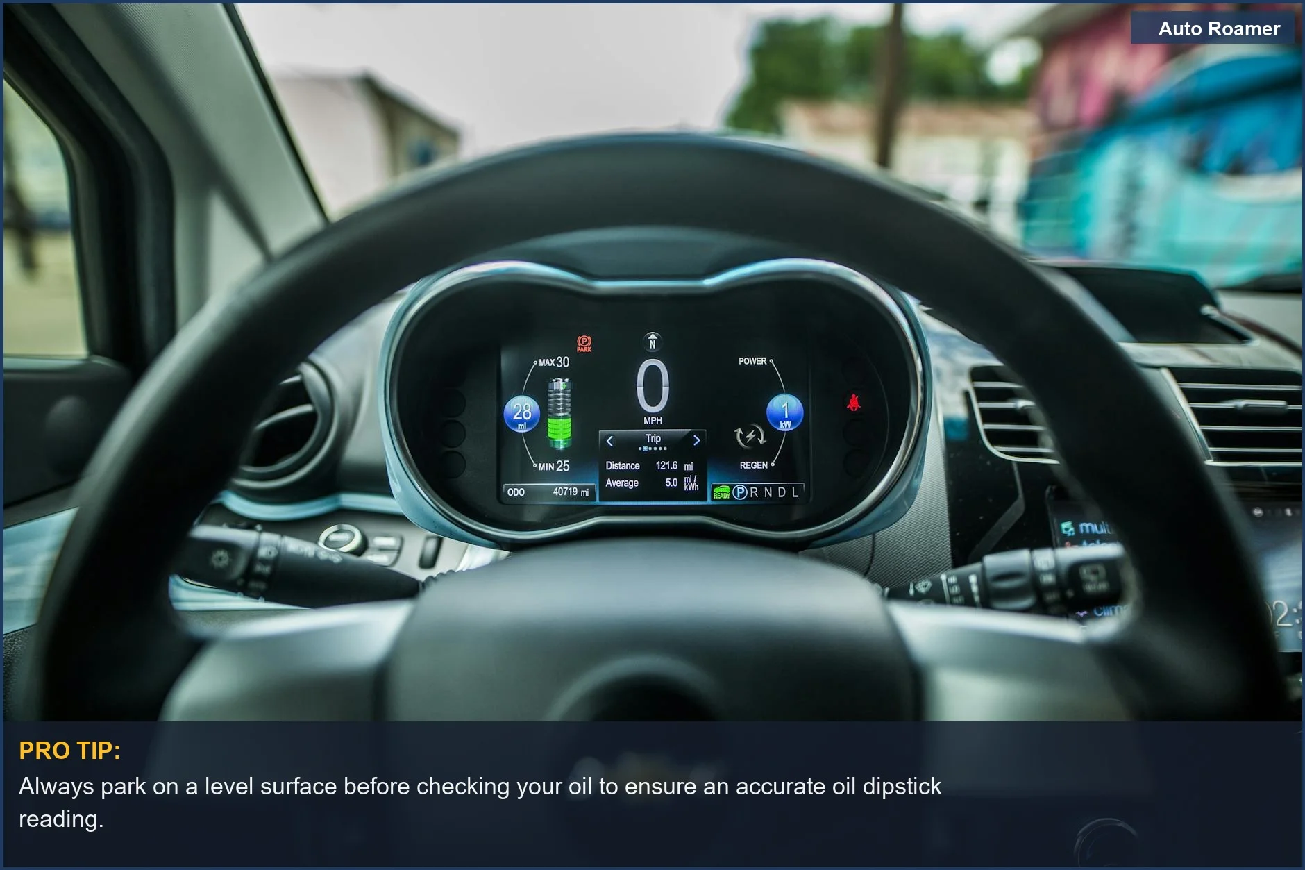 Close-up of a car's digital dashboard and steering wheel, highlighting the importance of a cool engine for accurate readings.
