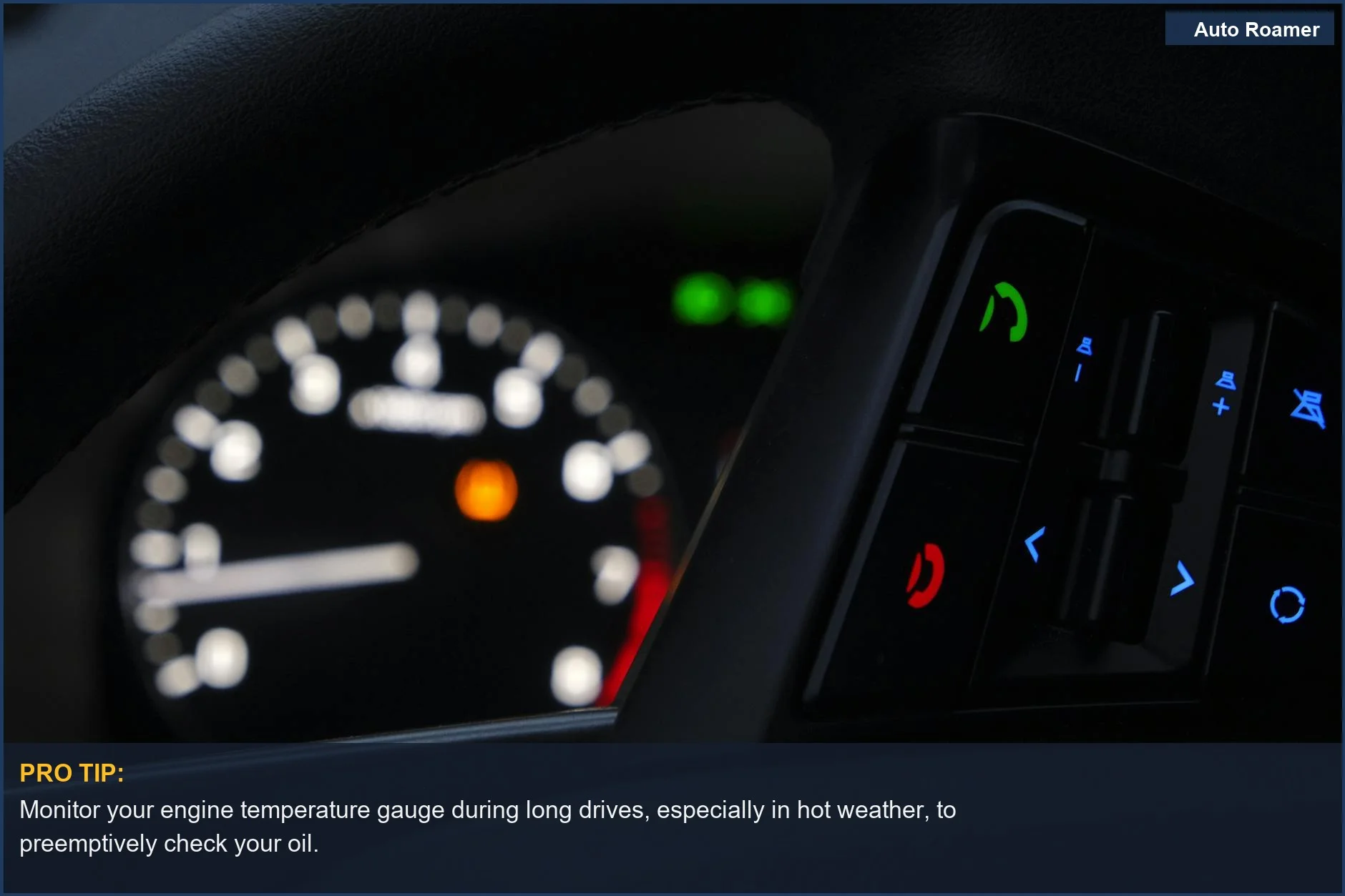 Illuminated gauges and controls on a modern car dashboard, critical for engine temperature monitoring.