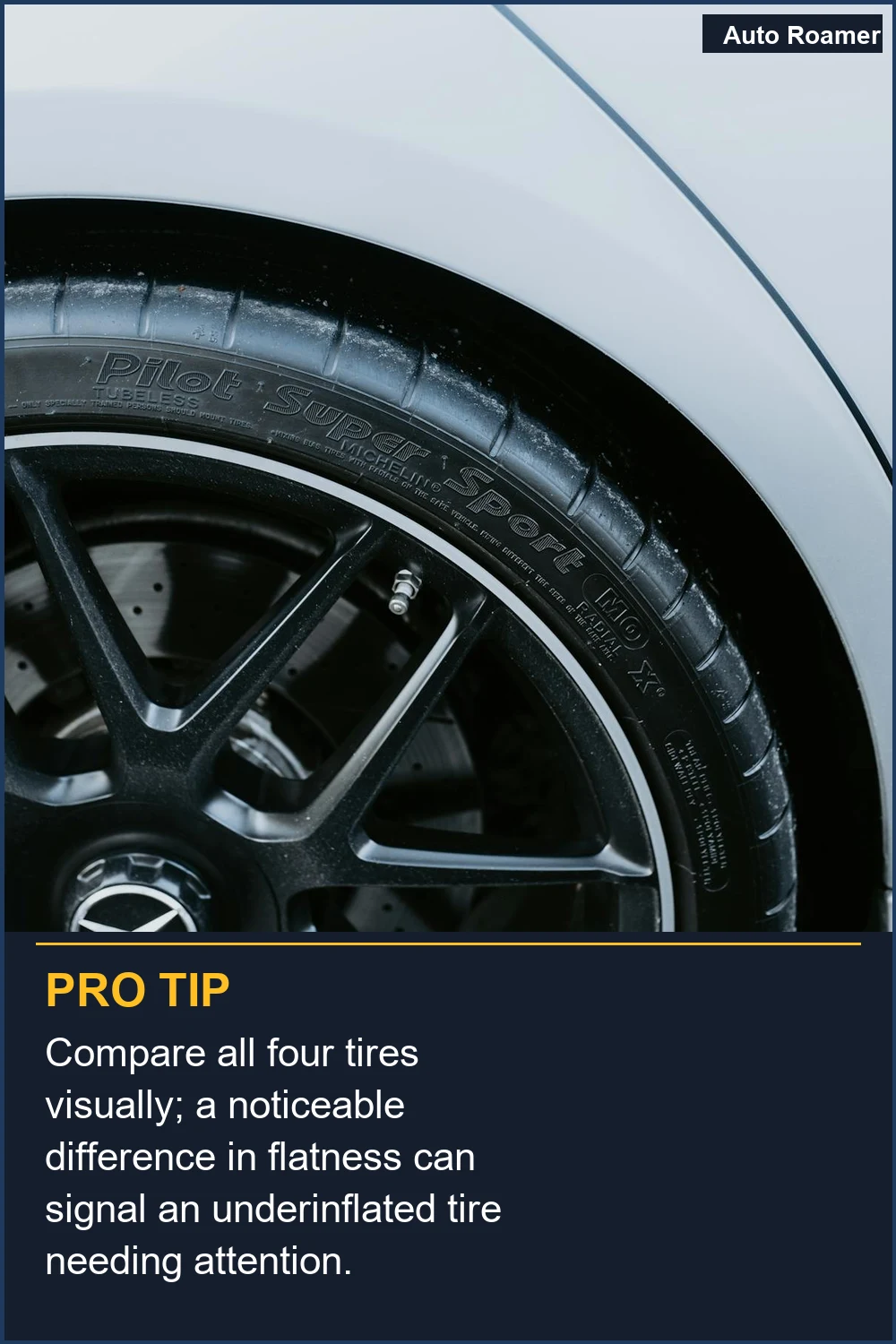 Compare all four tires visually; a noticeable difference in flatness can signal an underinflated tire needing attention.