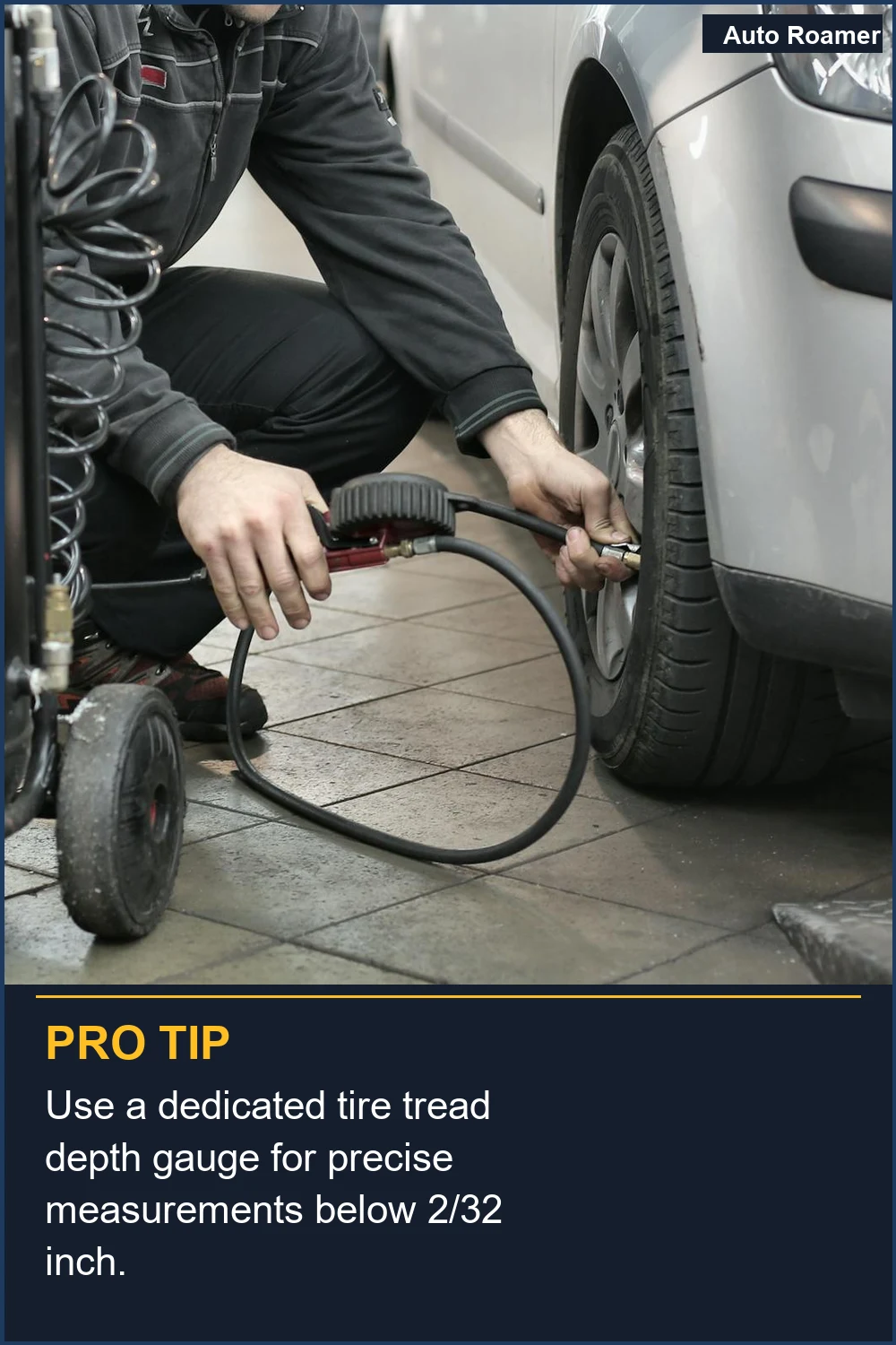 Use a dedicated tire tread depth gauge for precise measurements below 2/32 inch.