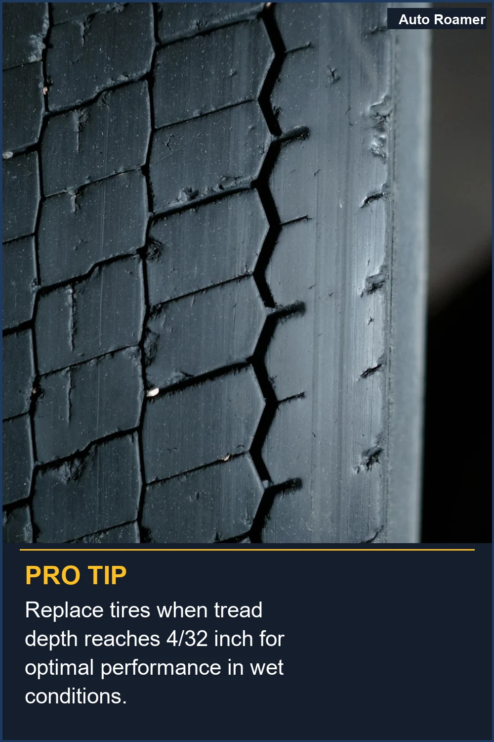 Replace tires when tread depth reaches 4/32 inch for optimal performance in wet conditions.