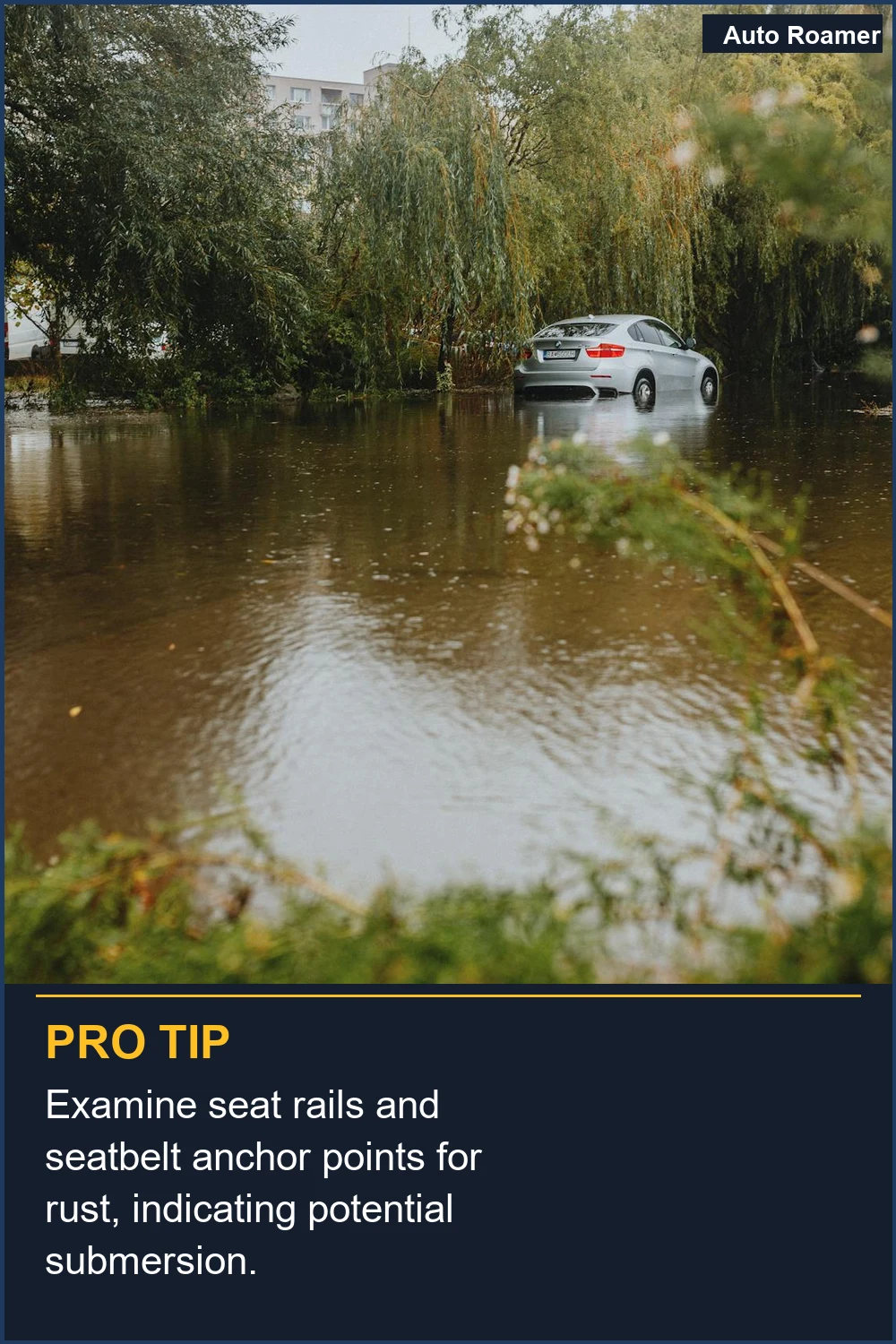 Examine seat rails and seatbelt anchor points for rust, indicating potential submersion.