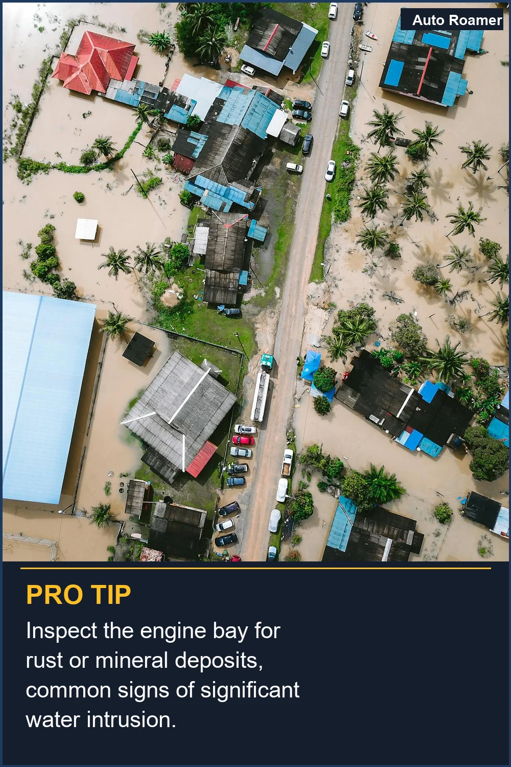 Inspect the engine bay for rust or mineral deposits, common signs of significant water intrusion.