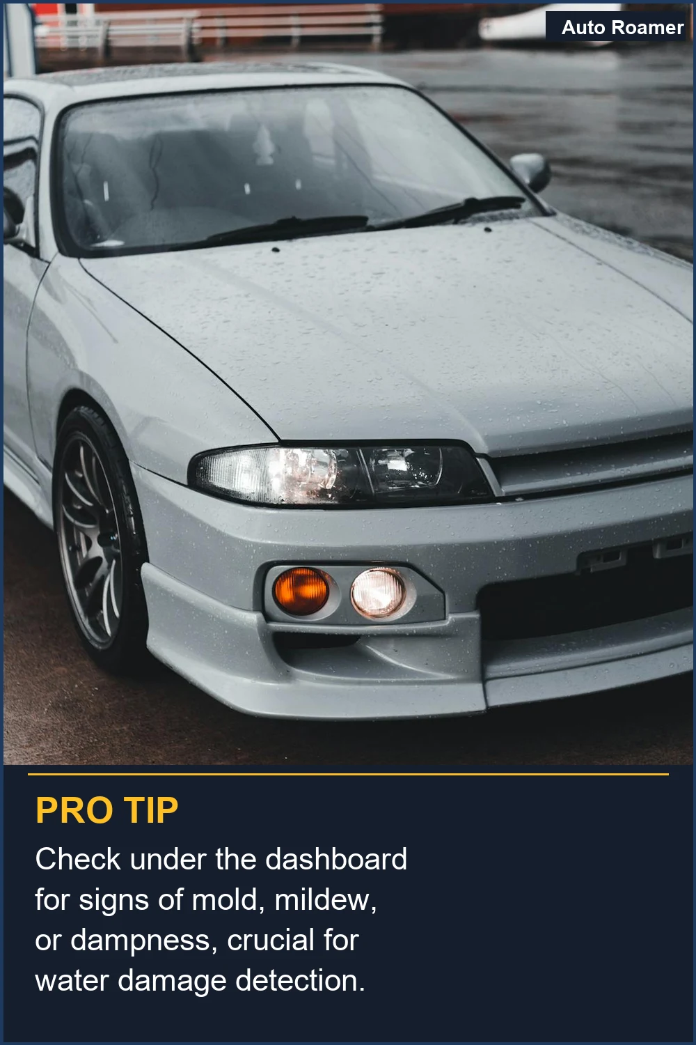 Check under the dashboard for signs of mold, mildew, or dampness, crucial for water damage detection.