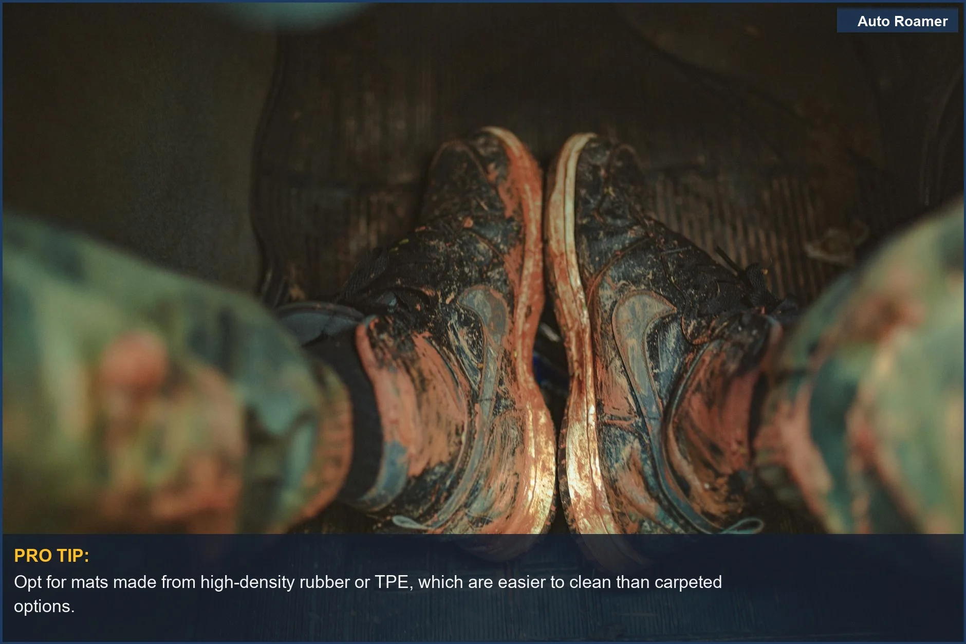 Close-up of muddy hiking sneakers on car floor mats, demonstrating the benefits of all-weather protection.