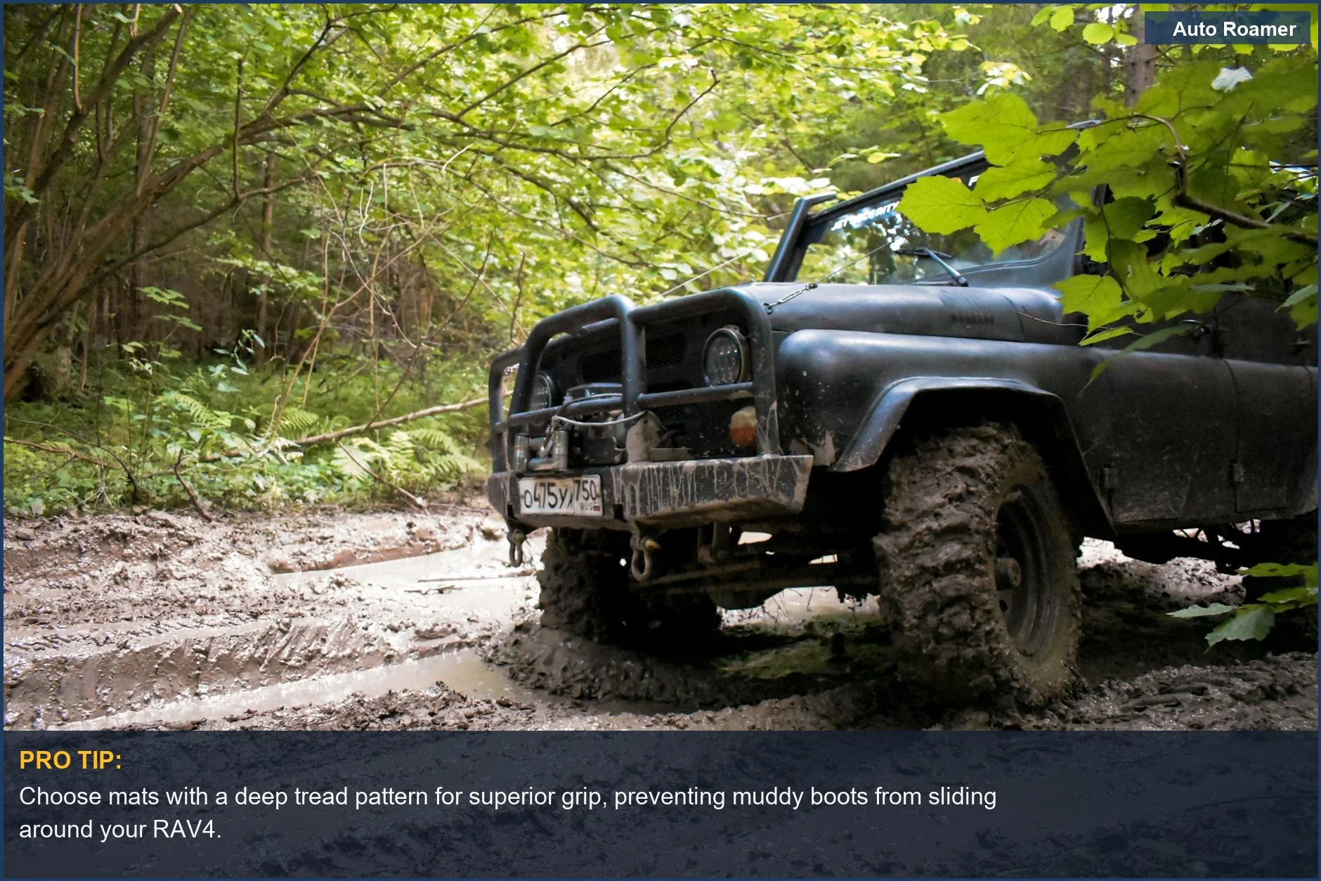 Rugged Toyota RAV4 driving on a muddy forest road, highlighting the importance of car floor mats.