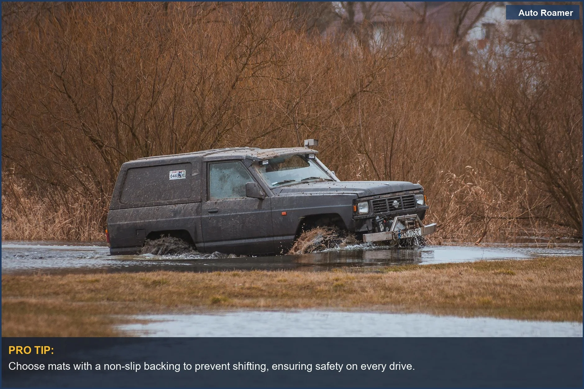 Autumn landscape with an SUV driving through mud, showcasing the importance of car mat buying guide.