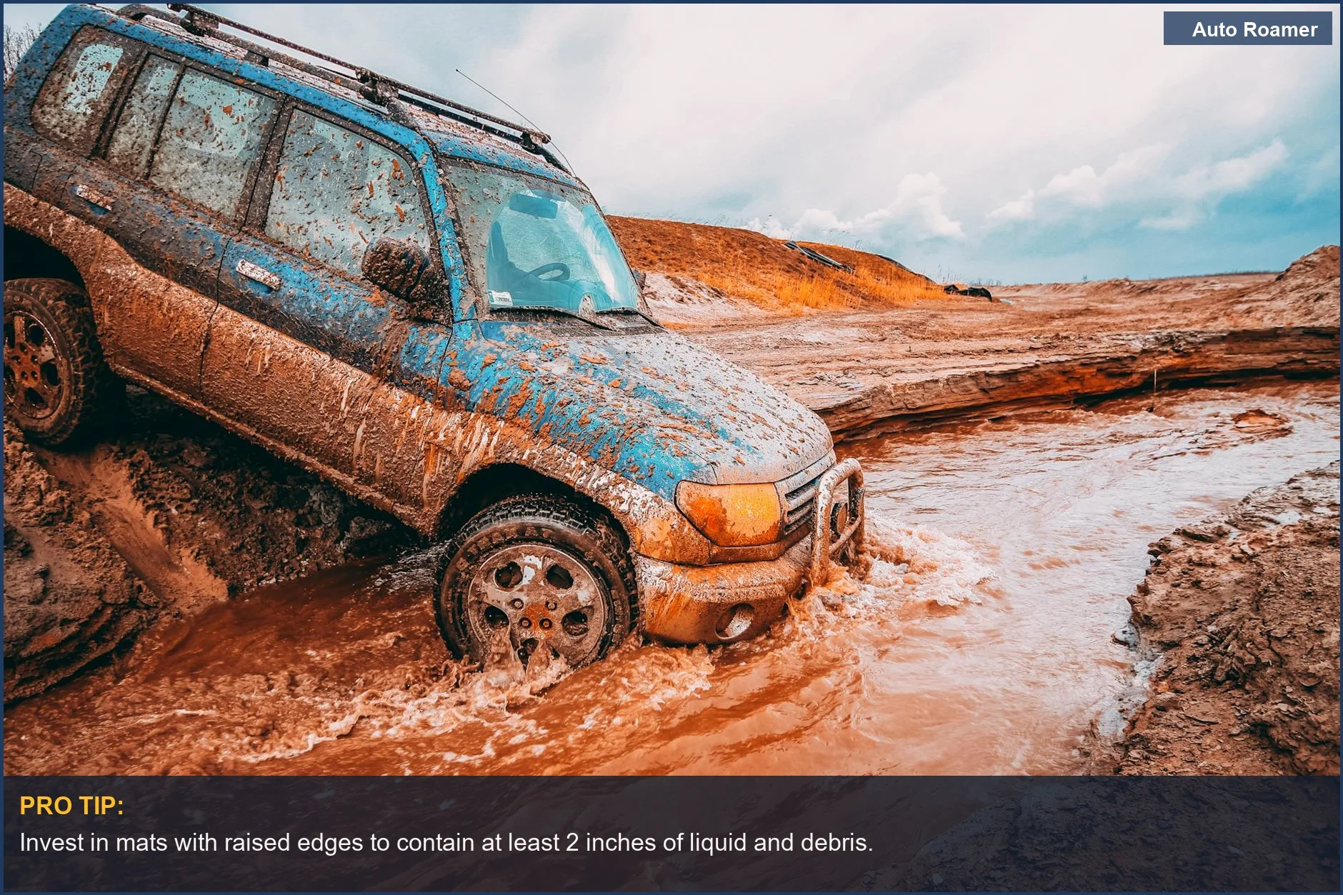 Rugged SUV driving through muddy water, illustrating the need for durable all-weather car mats.