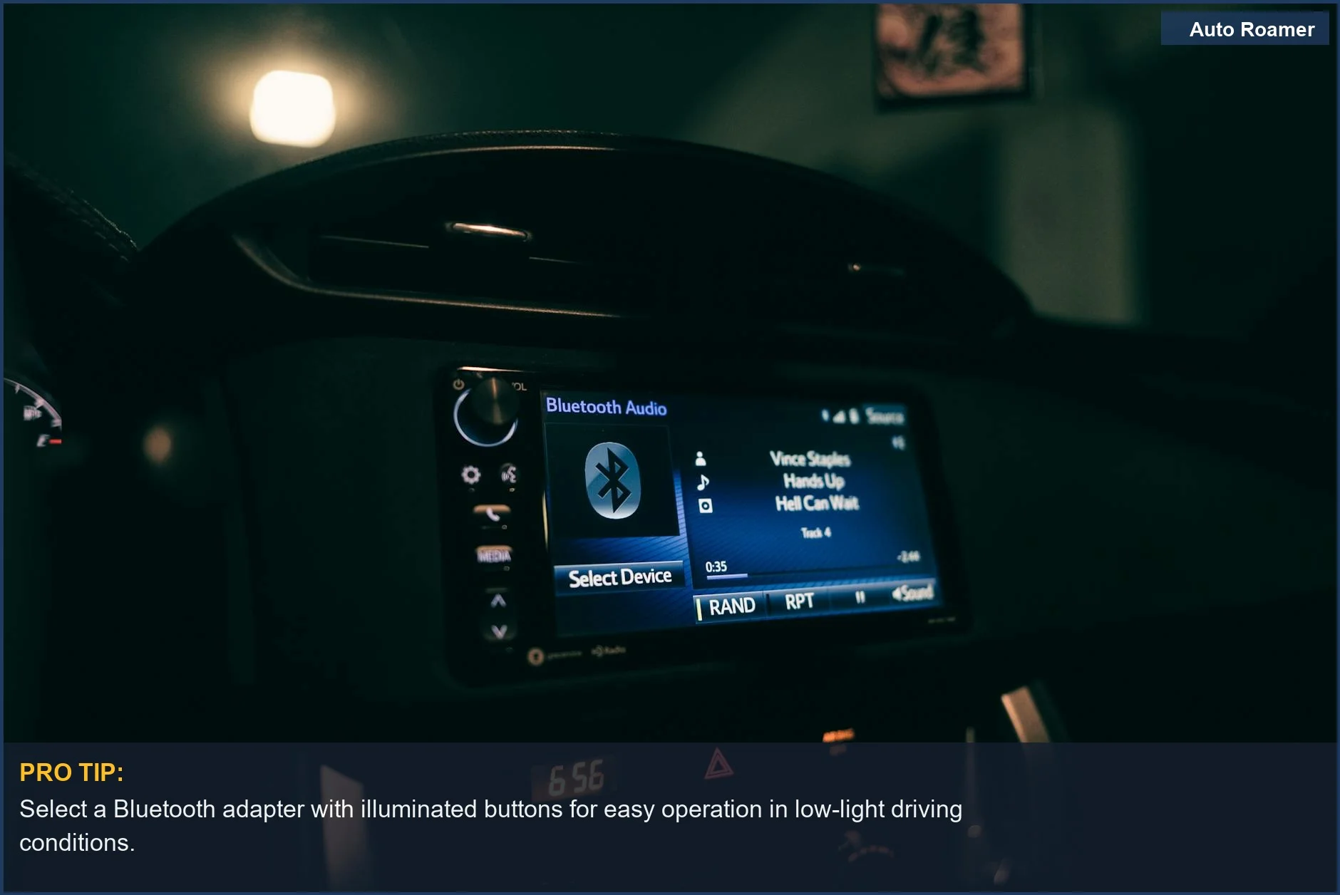Night view of a car dashboard with a glowing Bluetooth car audio system for enhanced sound.