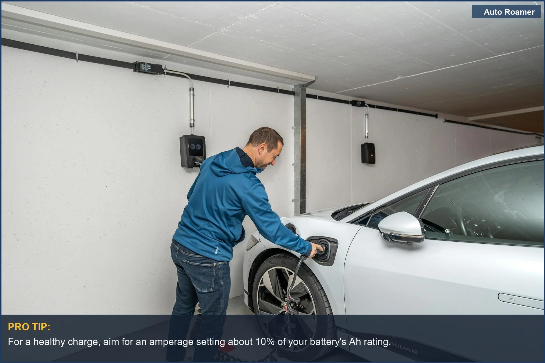 Man connecting electric car to charger in modern garage, illustrating battery charger selection.
