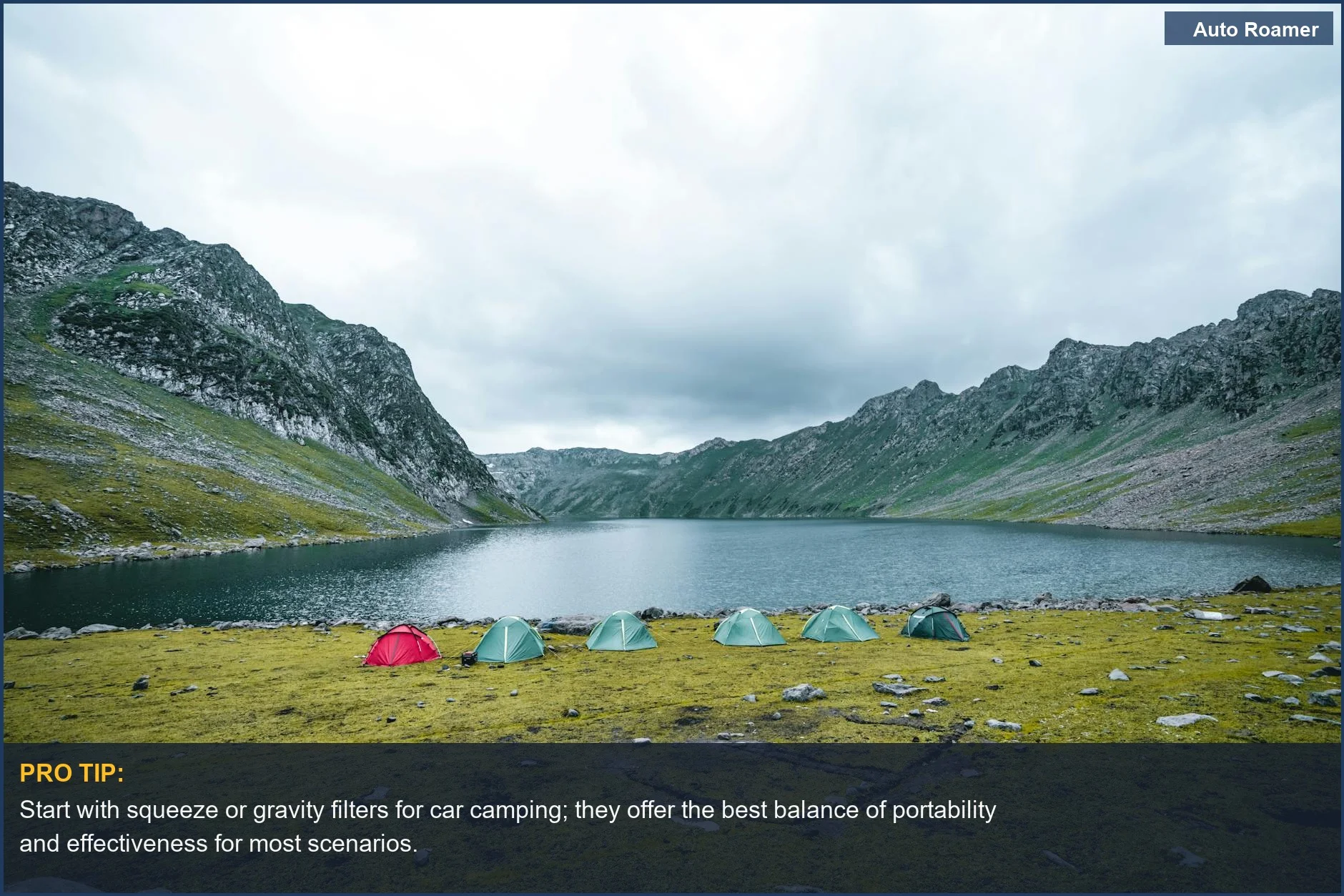 Choosing a car camping water filter? Consider a scenic mountain lake campsite for your next adventure.