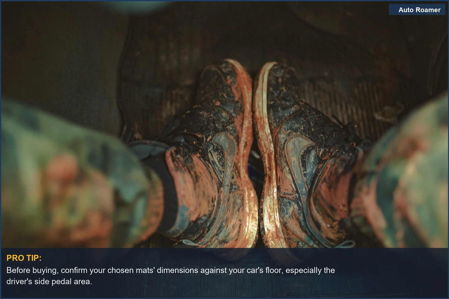 Close-up of muddy sneakers on a car mat, emphasizing the necessity of measuring car floor mats for effective dirt containment.