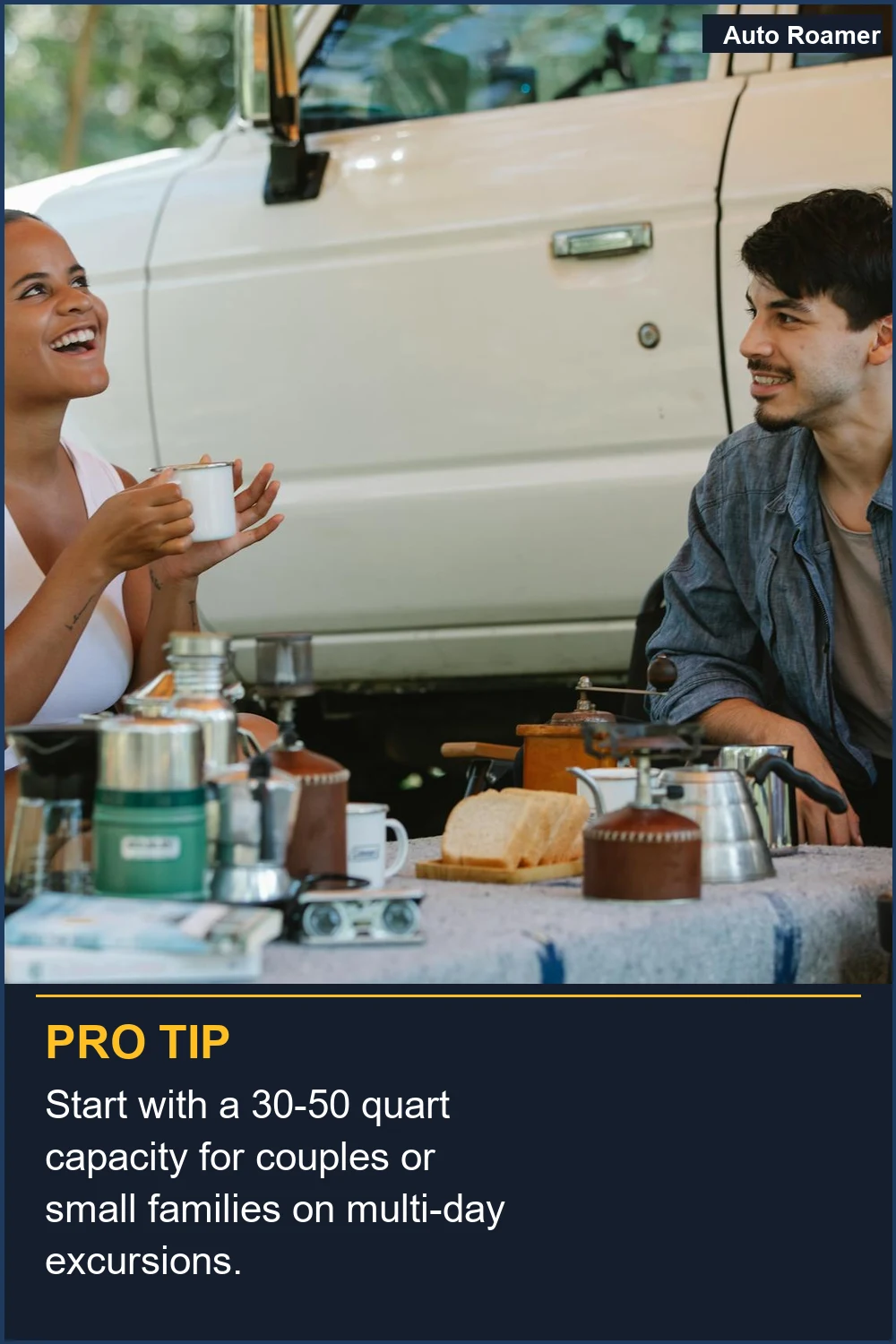 Start with a 30-50 quart capacity for couples or small families on multi-day excursions.