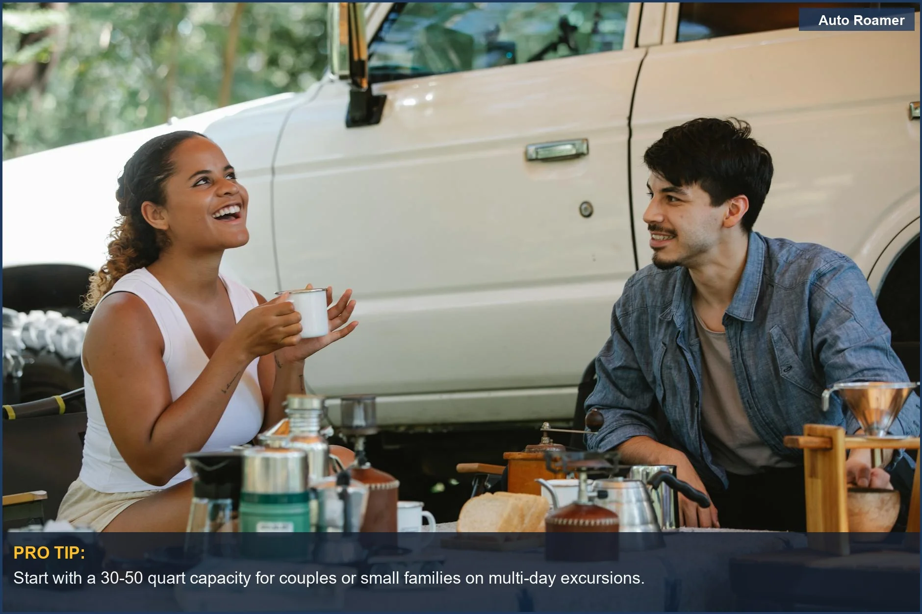 Couple enjoys coffee by their SUV during a camping trip, illustrating practical portable freezer capacity needs.