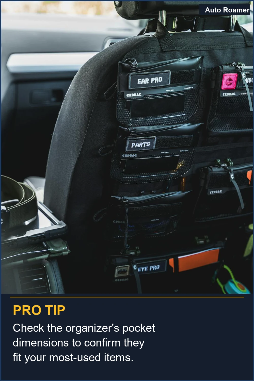 Check the organizer's pocket dimensions to confirm they fit your most-used items.