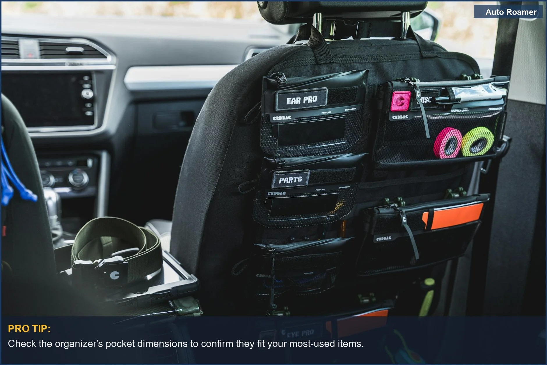 Car seat back organizer with labeled pockets, demonstrating car seat organizer dimensions for gear storage.