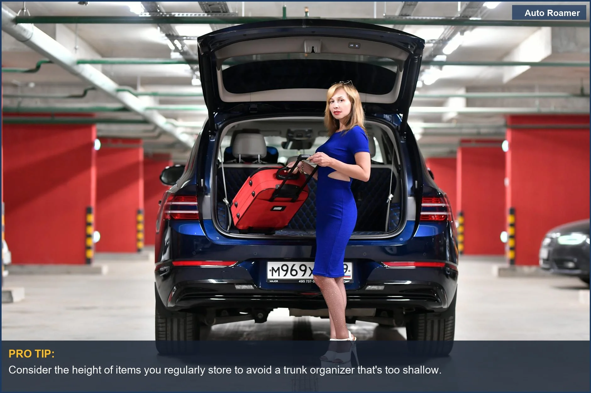 Elegant woman loading luggage into car trunk, highlighting how trunk organizer dimensions affect practicality.