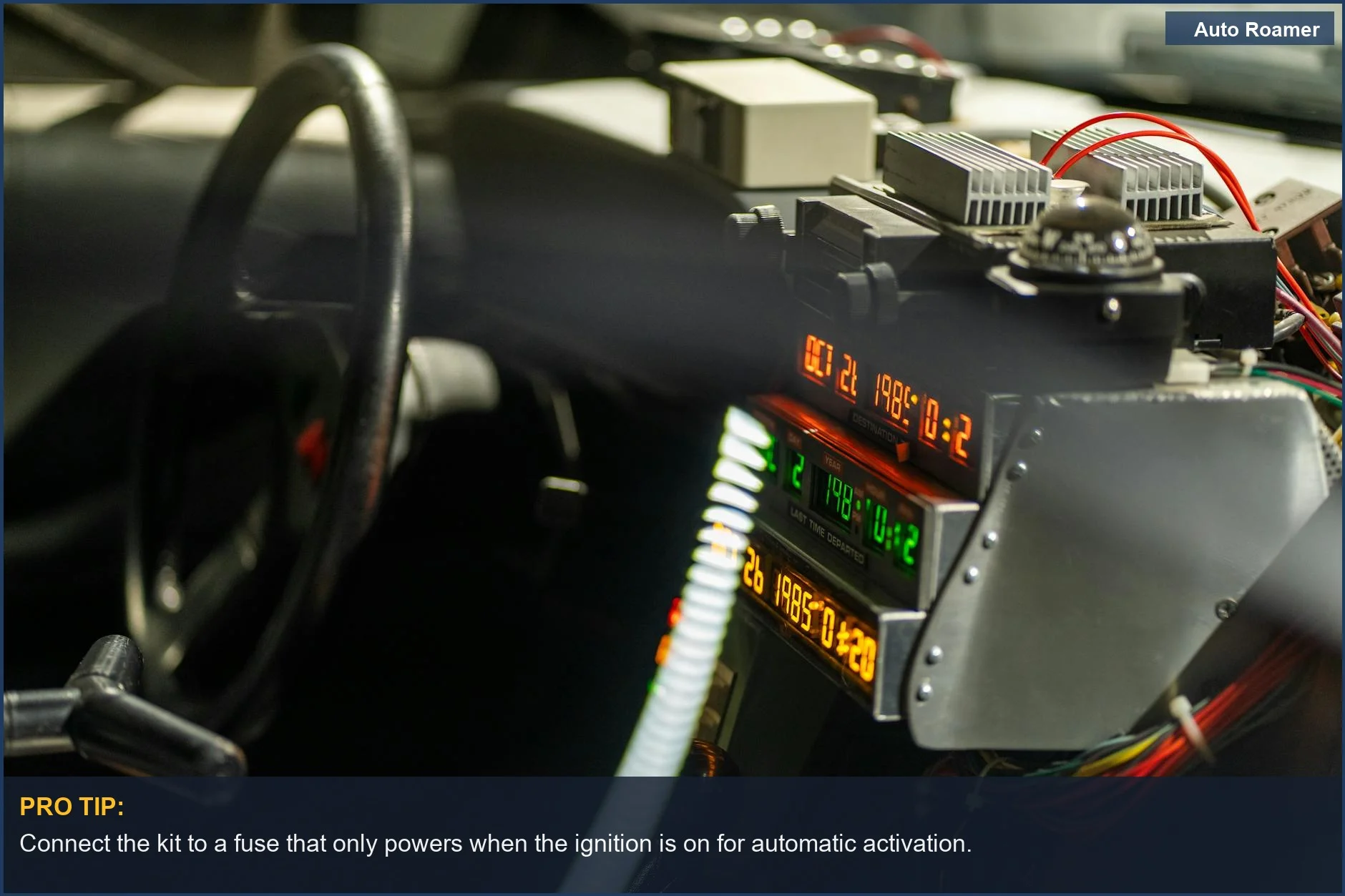 Salpicadero futurista de coche con pantallas brillantes, destacando la complejidad de elegir un kit de cableado para dash cam.