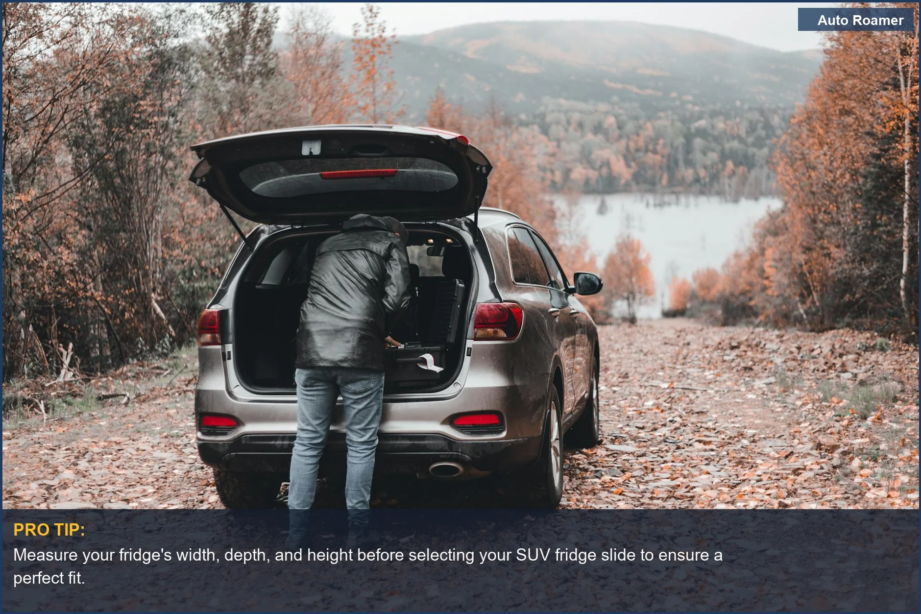 Woman unloading SUV in autumn, highlighting the importance of measuring fridge slide size for SUVs.