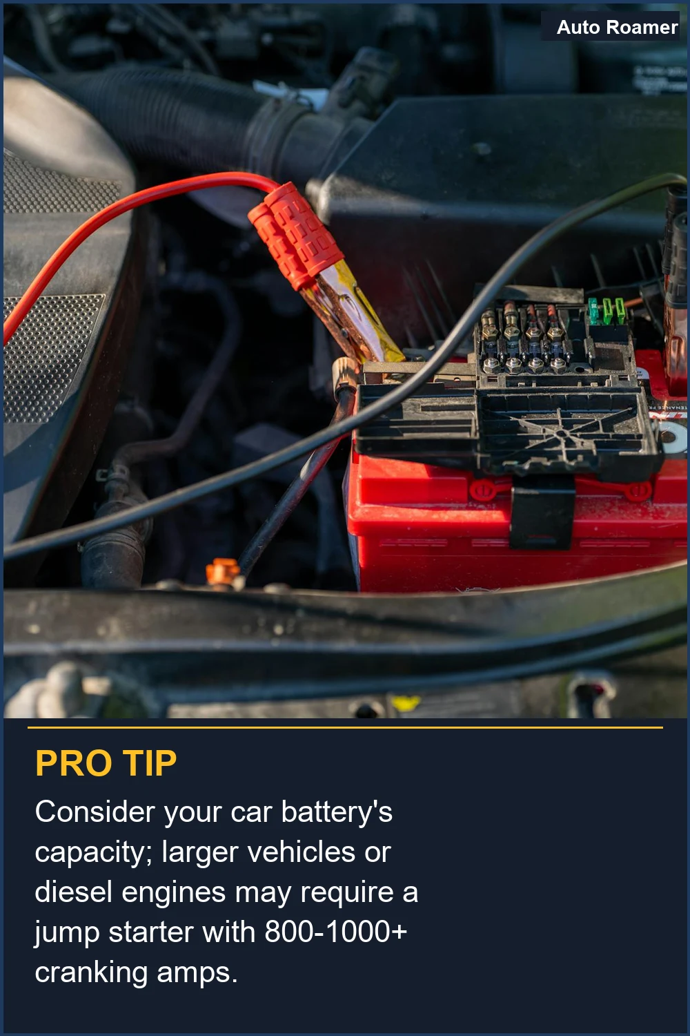 Consider your car battery's capacity; larger vehicles or diesel engines may require a jump starter with 800-1000+ cranking amps.