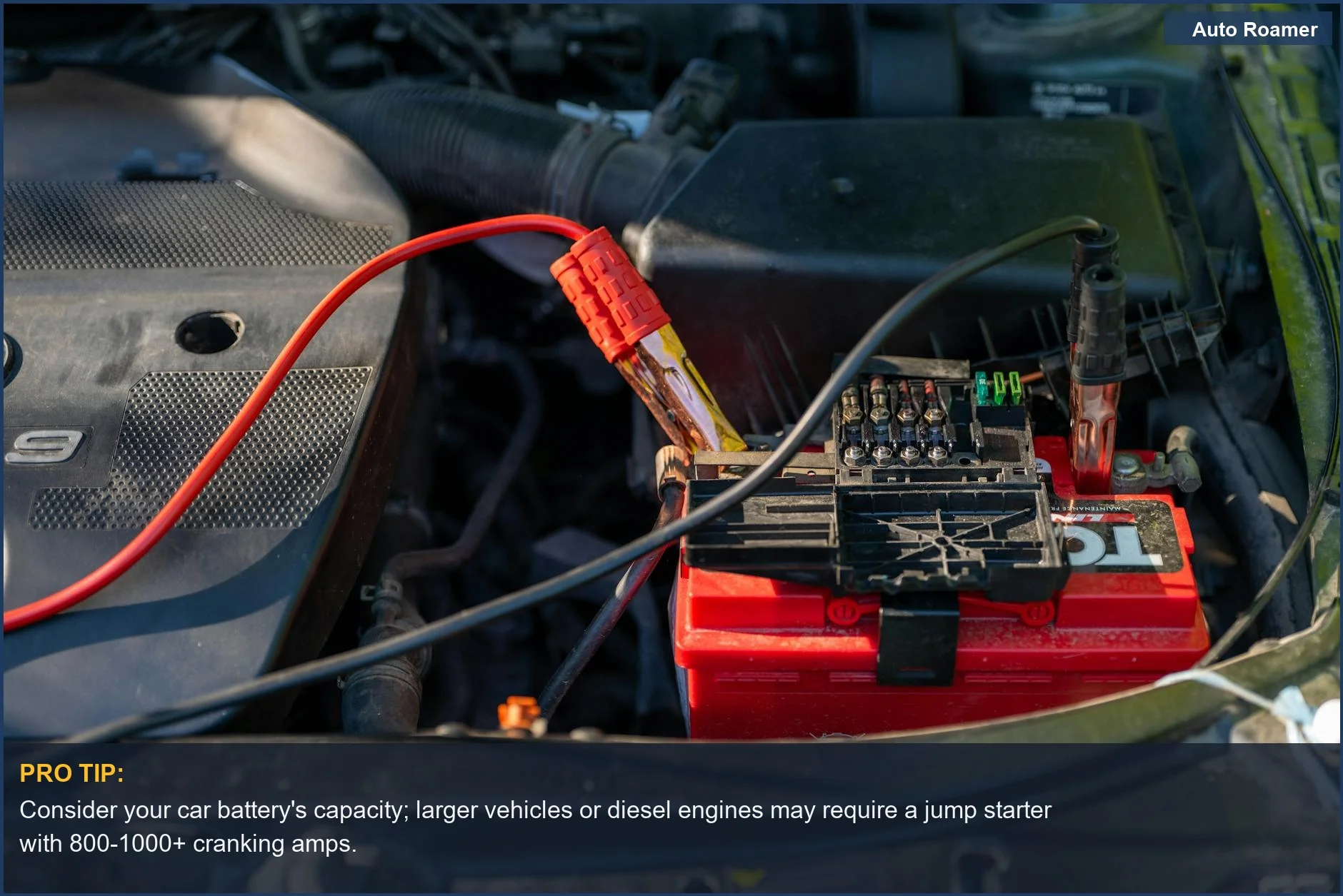 Detailed view of a car battery with jumper cables attached, emphasizing the connection between battery capacity and jump starter requirements.