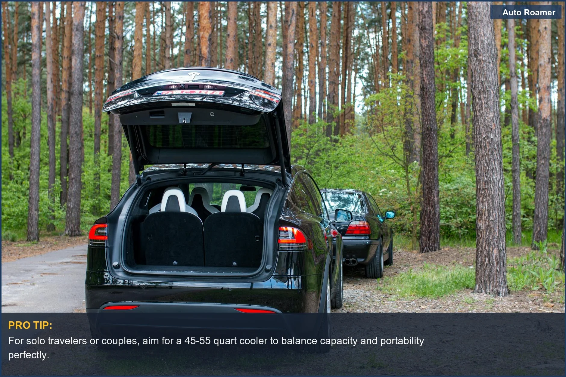 Electric SUV with open trunk in a serene forest, emphasizing choosing the right car cooler for comfortable travel and exploration.