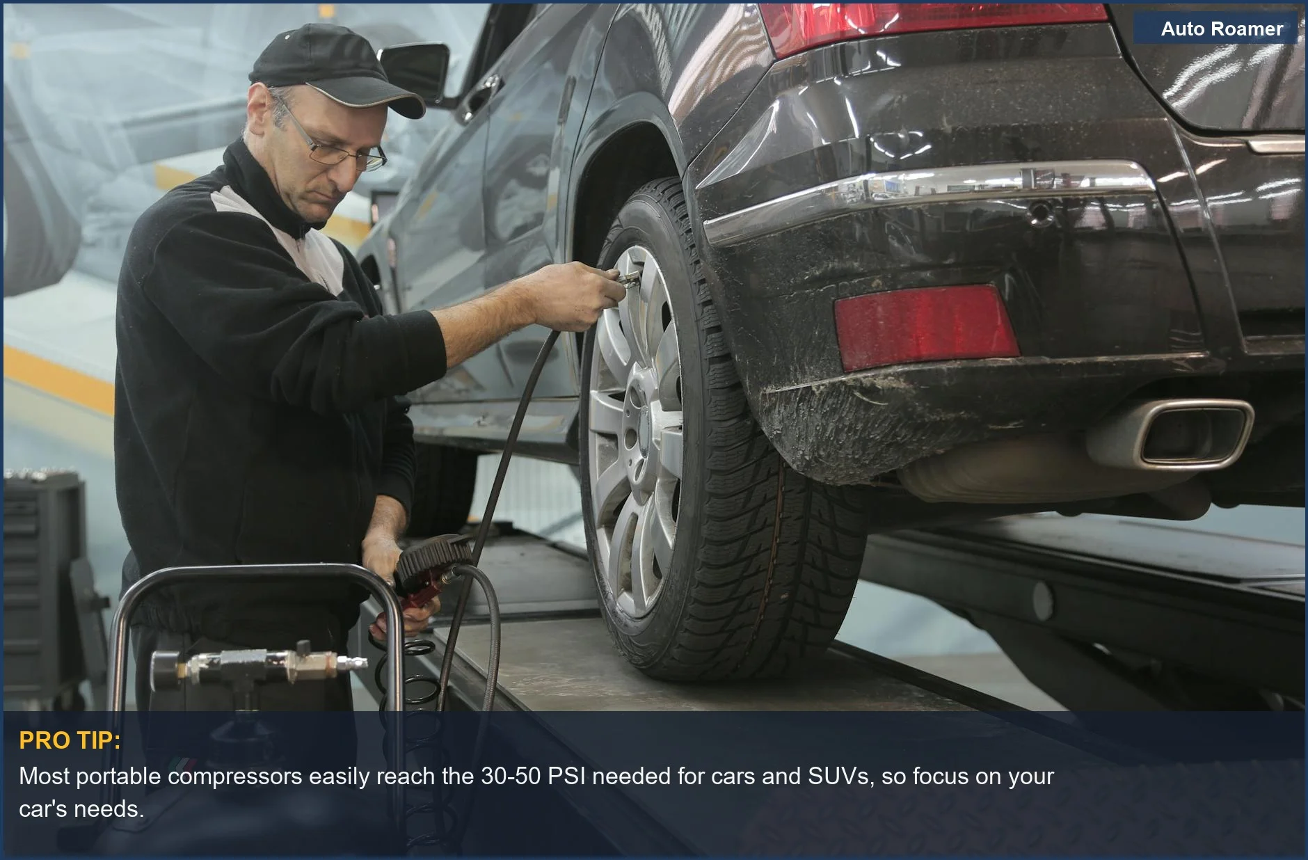 Automotive expert uses an air compressor to adjust tire pressure on a vehicle, demonstrating knowledge of car tires.