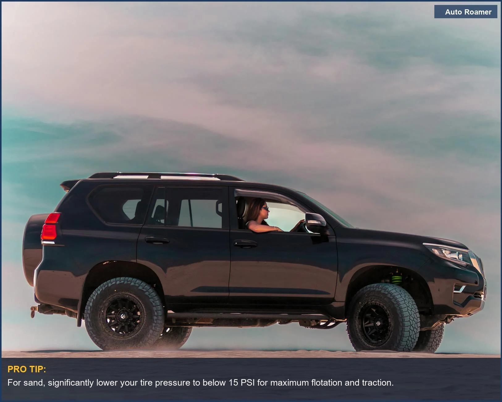 4x4 vehicle tackling sand dunes in Western Australia, emphasizing the importance of tire pressure for off-road recovery.