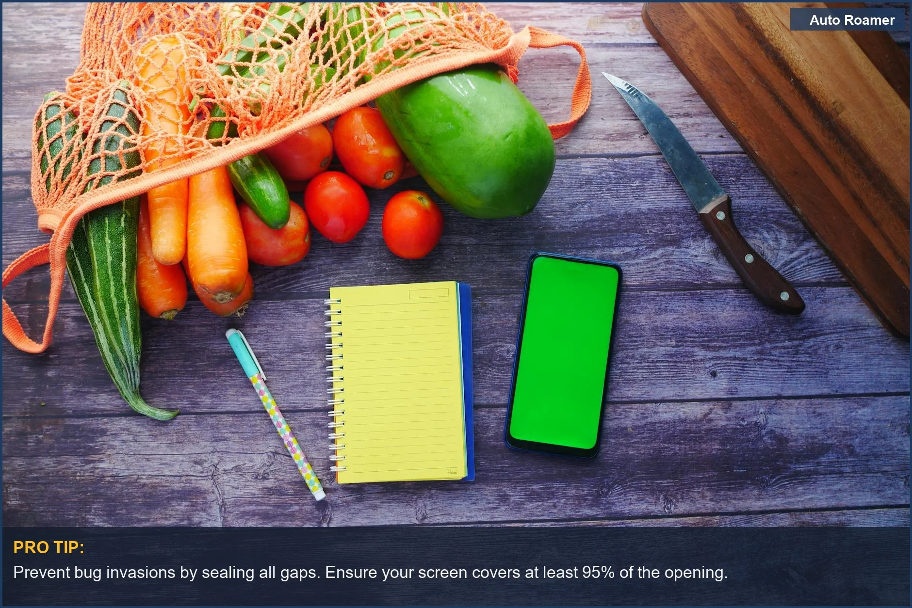 Assorted vegetables in a mesh bag, emphasizing the need for effective bug protection with car window screens.