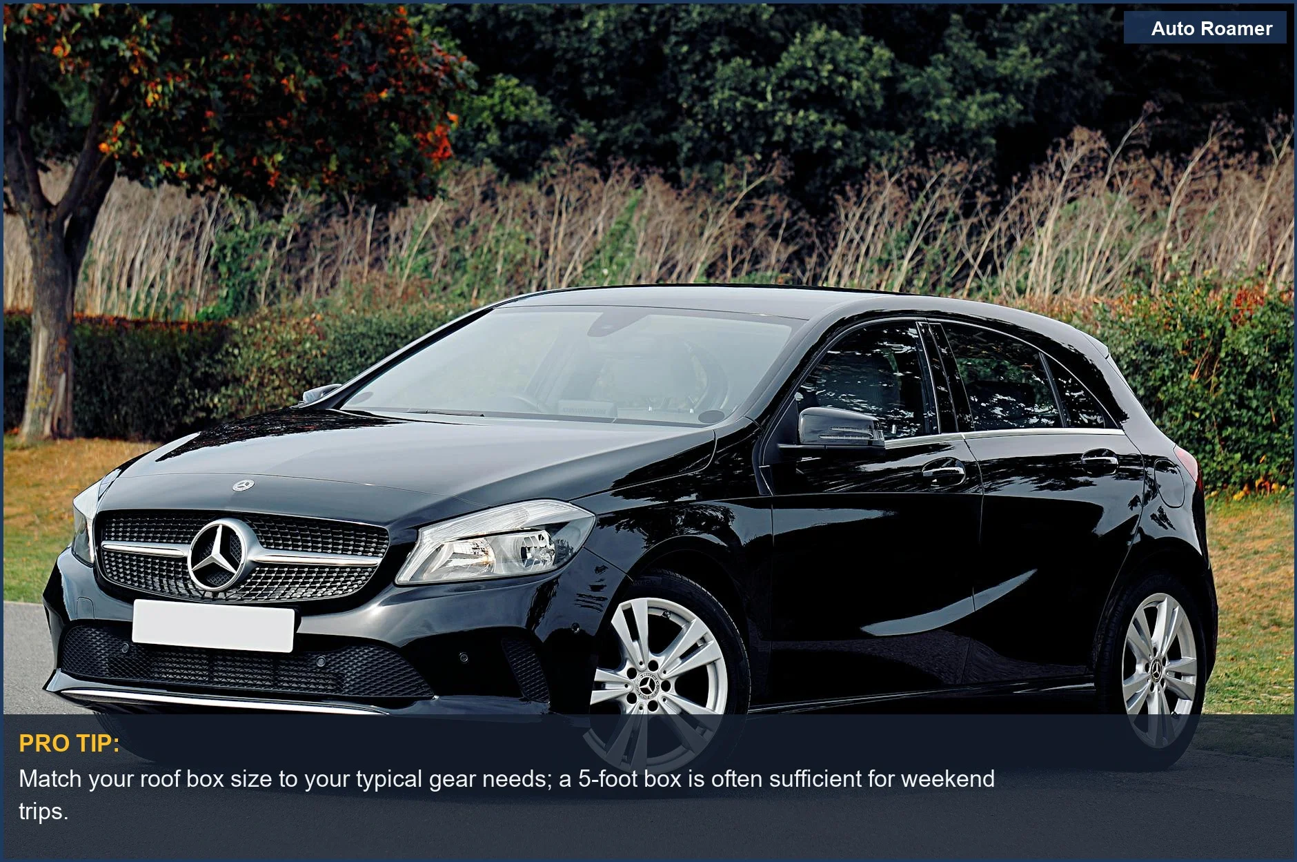 Elegant black Mercedes-Benz hatchback parked outdoors, showcasing how cargo box dimensions suit luxury vehicles.