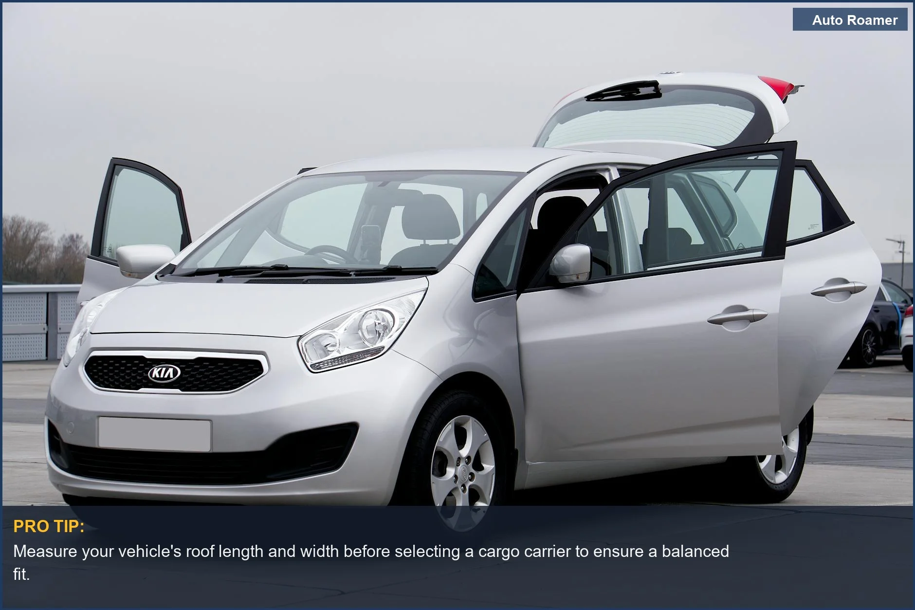 Silver Kia hatchback with open doors, illustrating how roof rack cargo carrier size impacts vehicle compatibility.