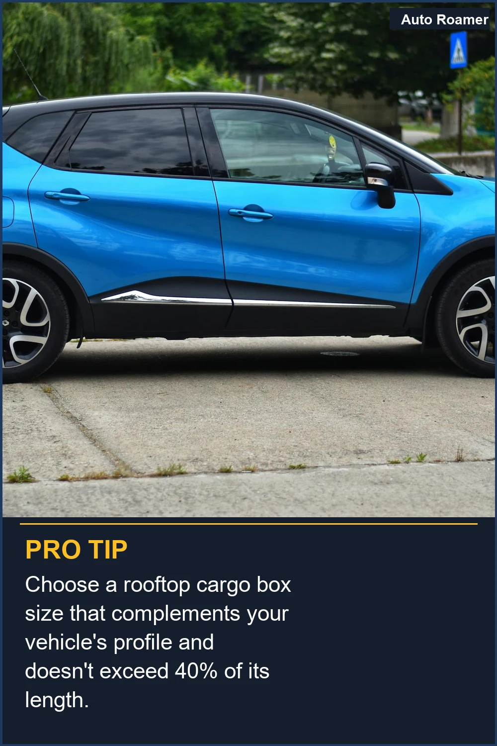Choose a rooftop cargo box size that complements your vehicle's profile and doesn't exceed 40% of its length.