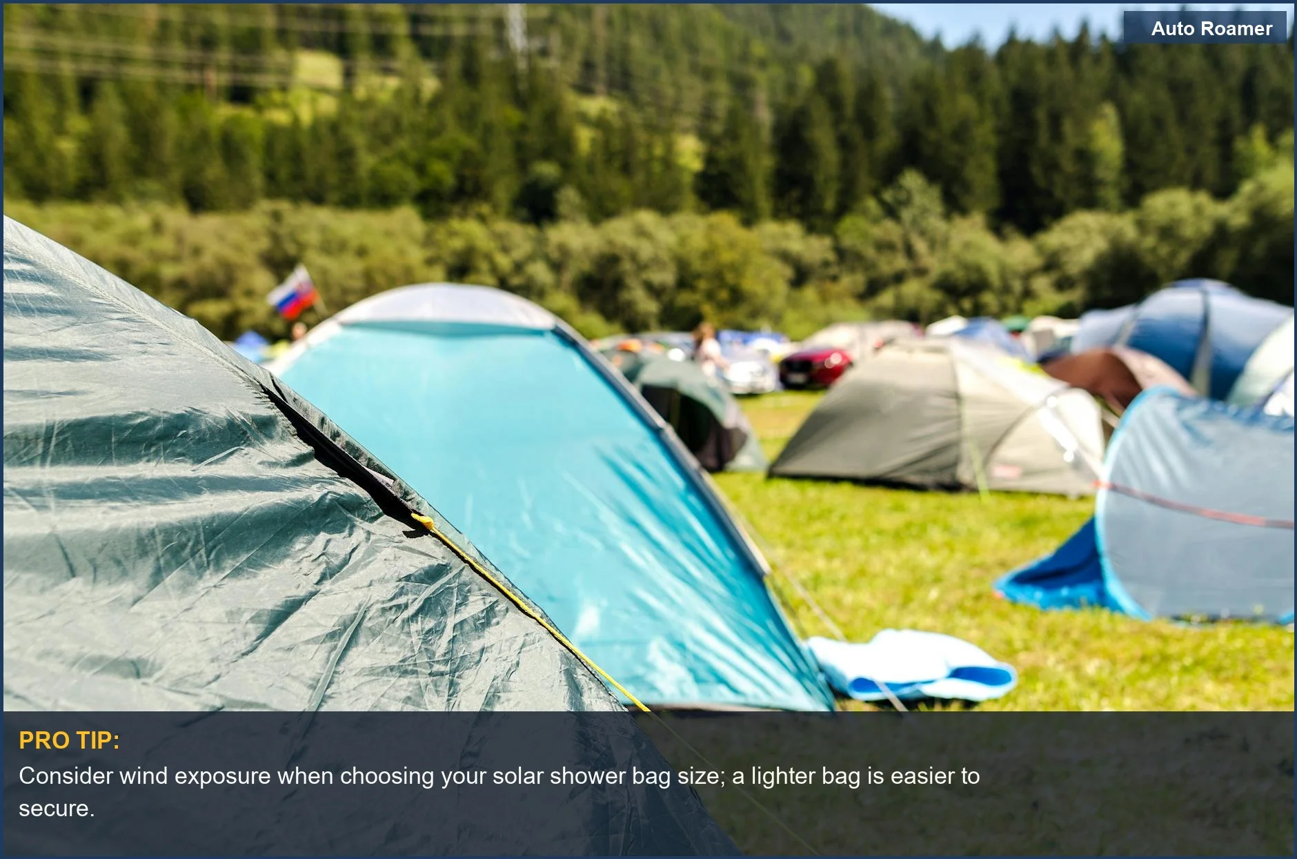 Vibrant camping tents in a sunny forest, ideal for choosing your solar shower bag size.
