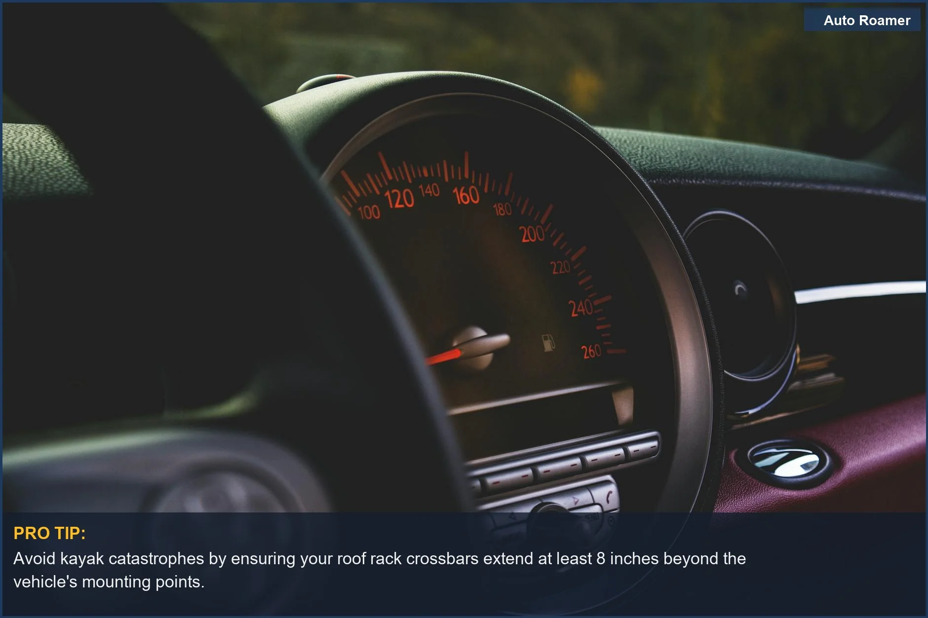 Close-up of a car's dashboard and speedometer, emphasizing the need for correct SUV roof rack size for safe cargo transport.