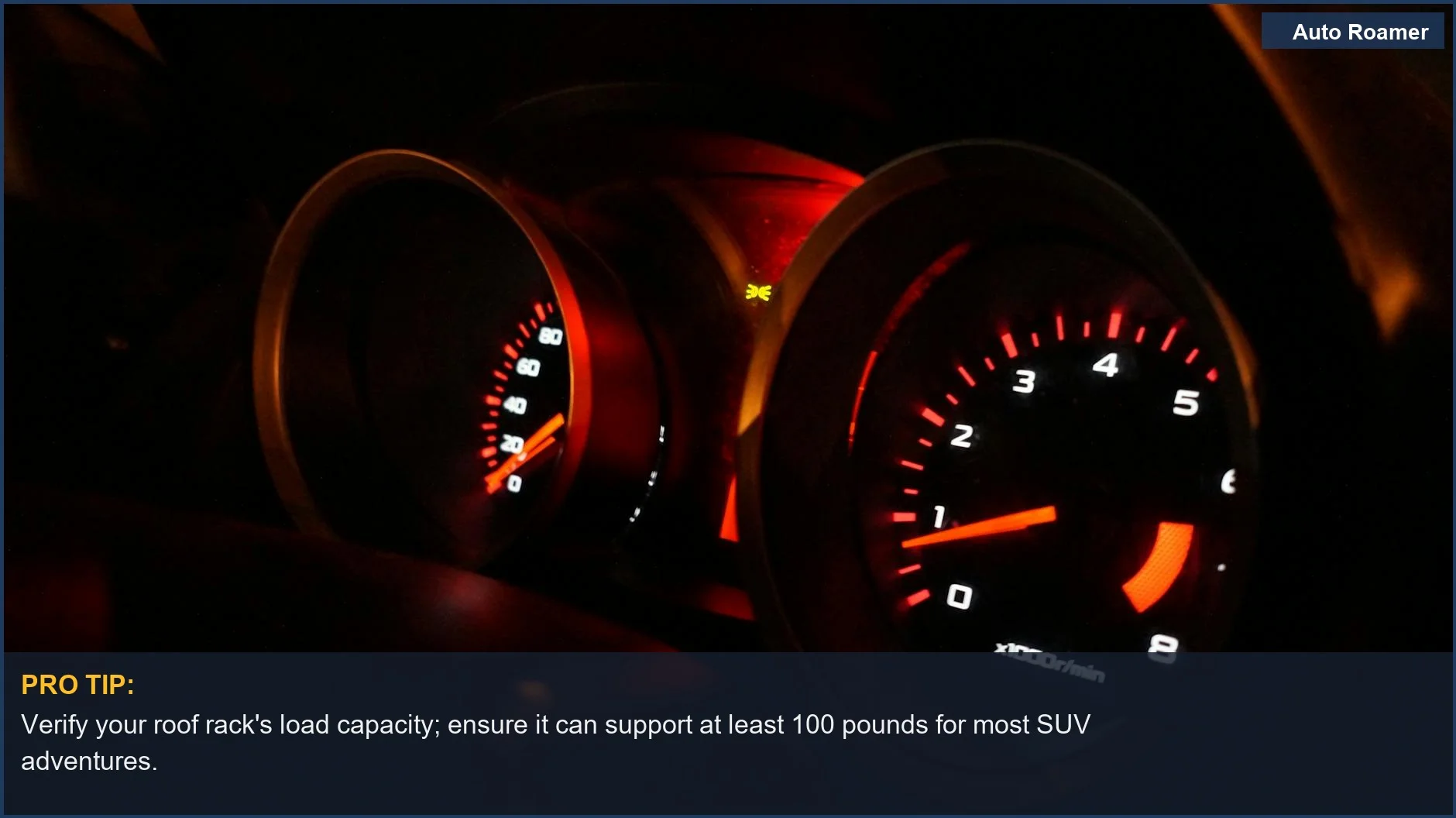 Illuminated car gauges on a dashboard at night, illustrating the necessity of precise vehicle roof rack fit for optimal performance.