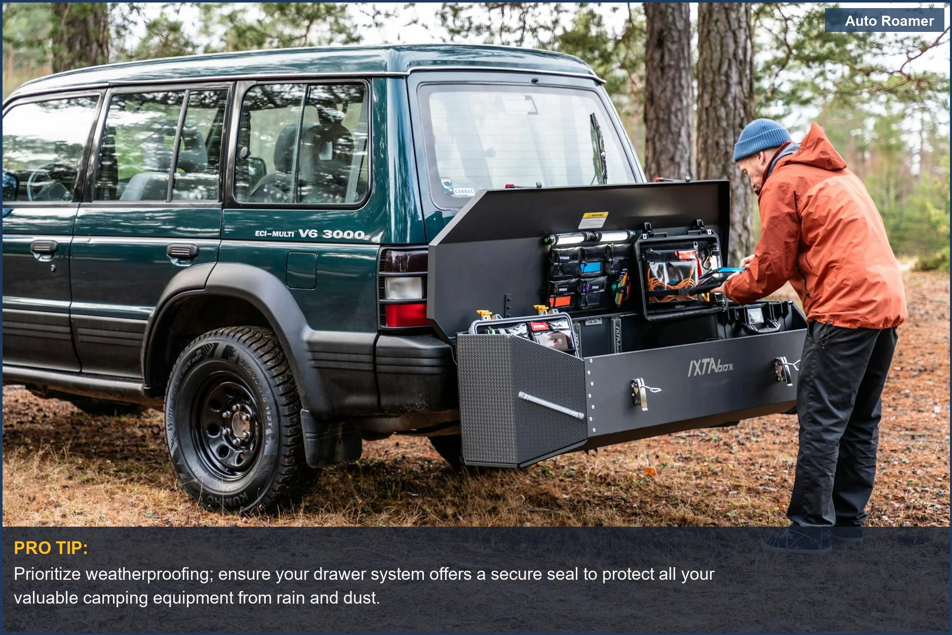 Rugged vehicle with versatile storage in a forest, demonstrating effective vehicle organization for camping.