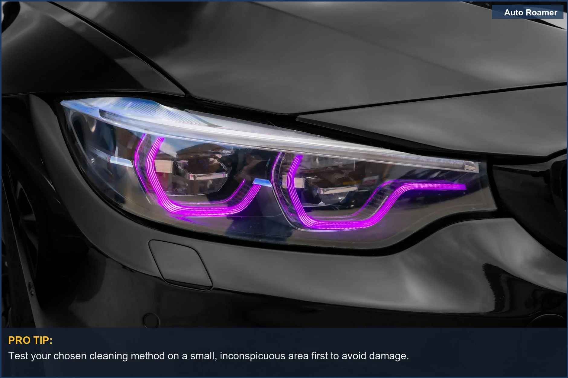 Detailed view of a car headlight with purple halo lights, a visual for cleaning foggy headlights.