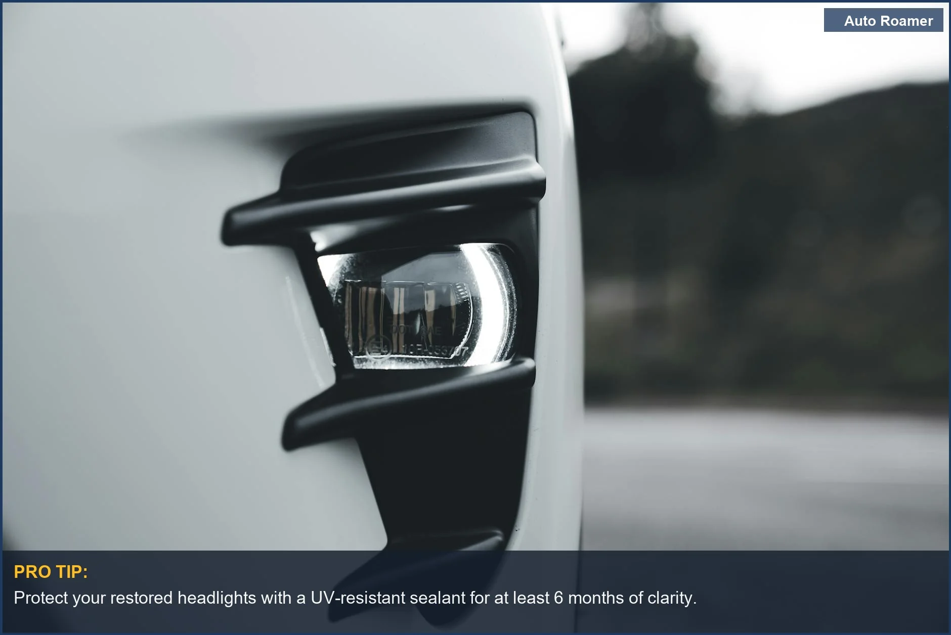 Close-up of a modern car headlight, illustrating the importance of a clear coat for yellowed headlights fix.