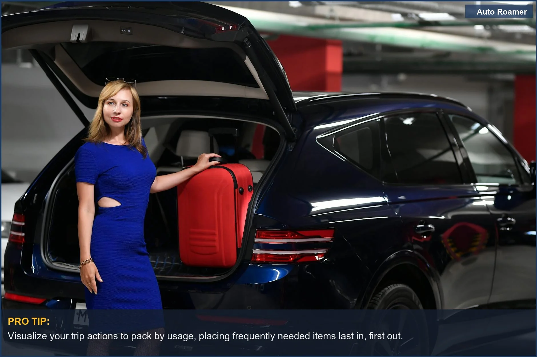 Woman packing a red suitcase into a car trunk, visualizing her trip planning.