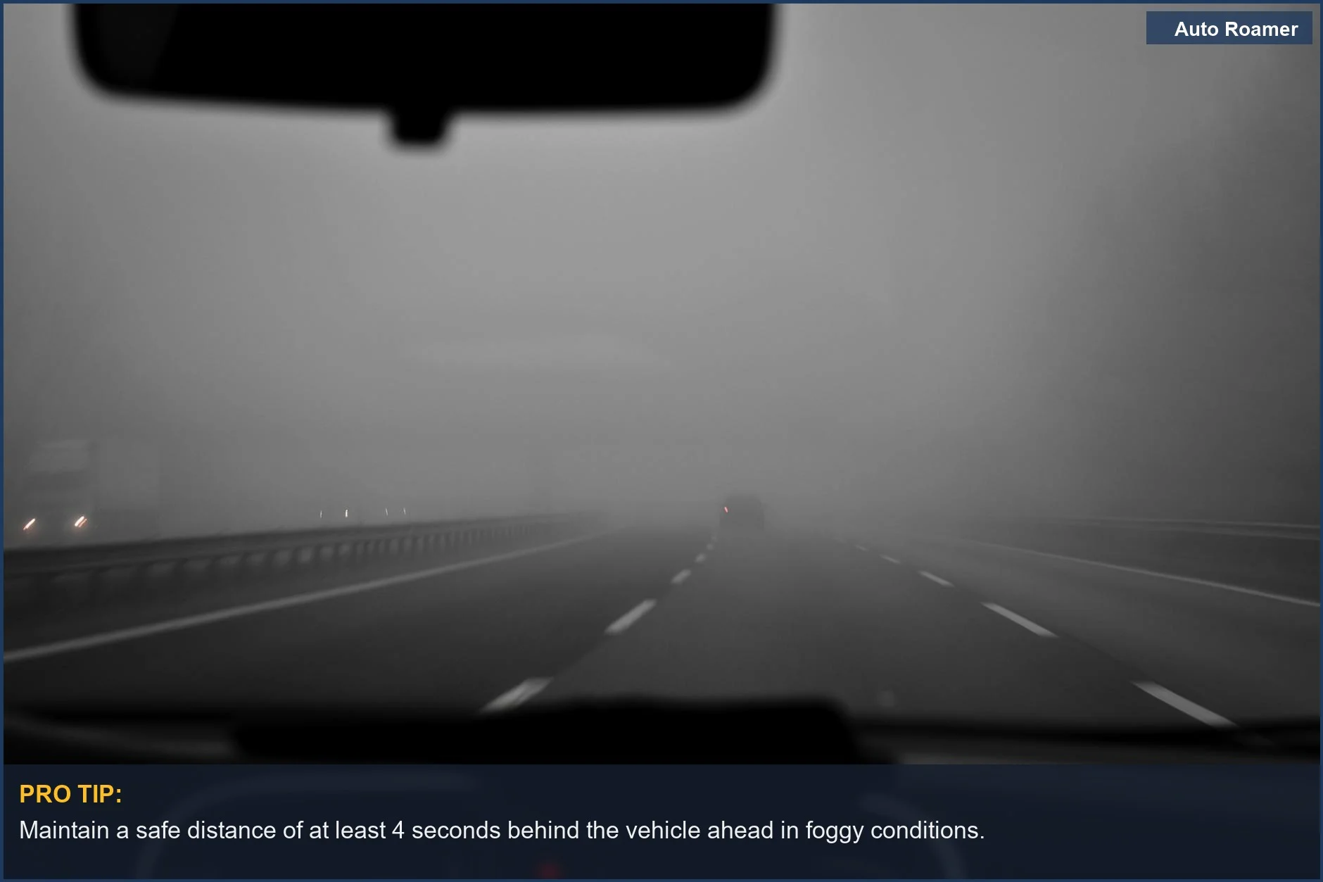 View from inside a car on a foggy highway, showing reduced visibility and the importance of fog driving tips.