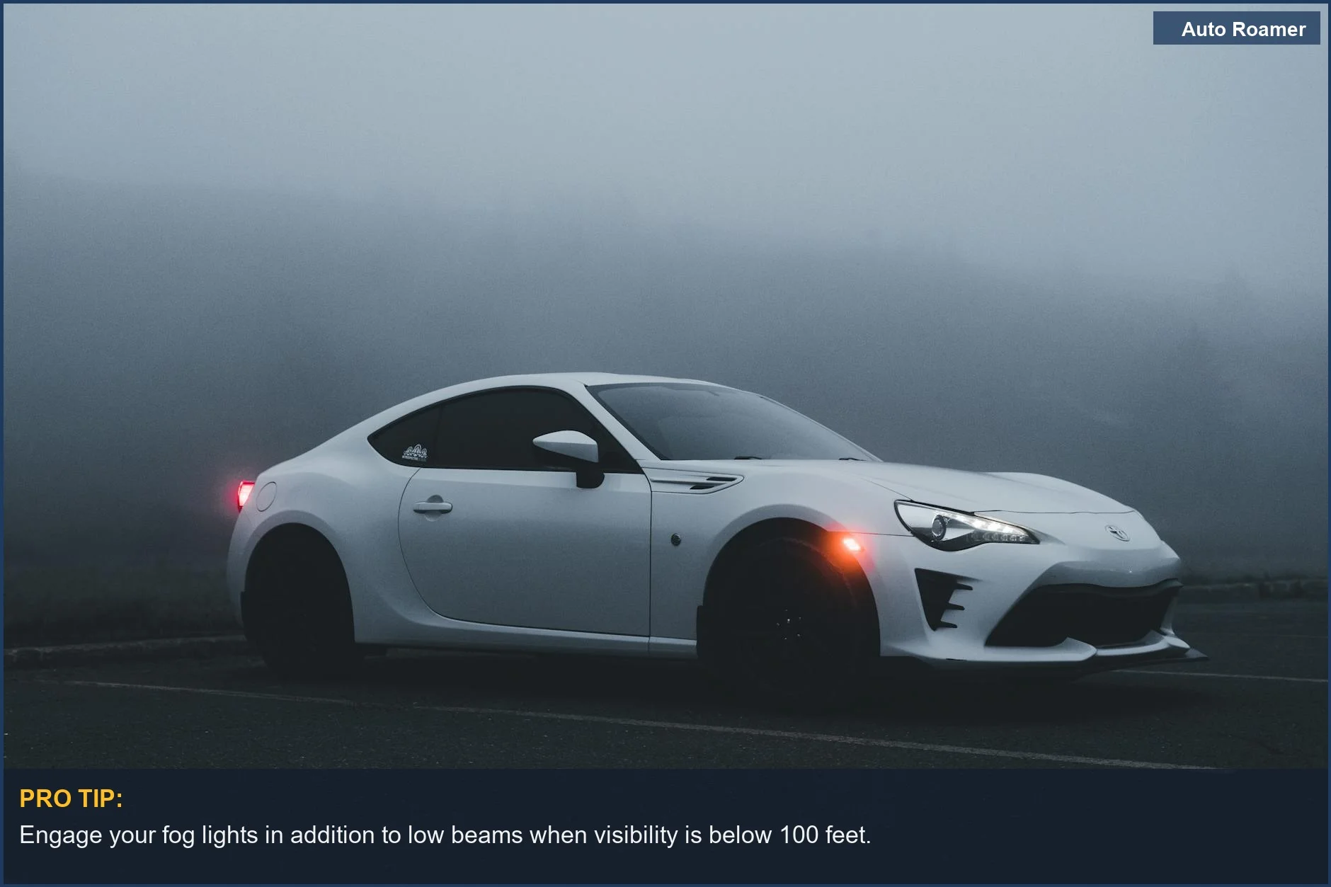 A sleek sports car in a moody foggy setting, a reminder to use fog lights effectively.