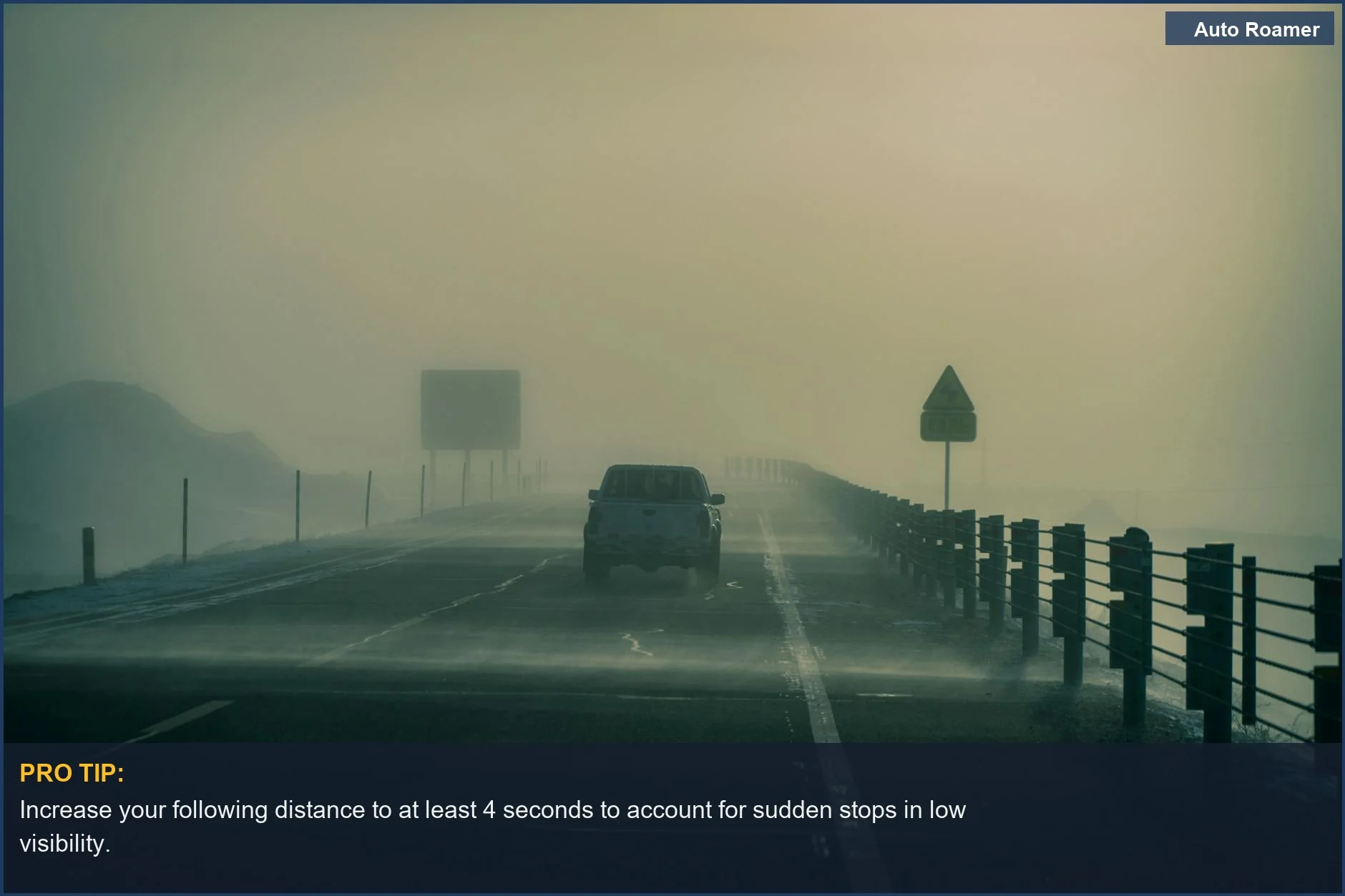 Car driving through dense fog on a misty road, illustrating low visibility driving challenges.