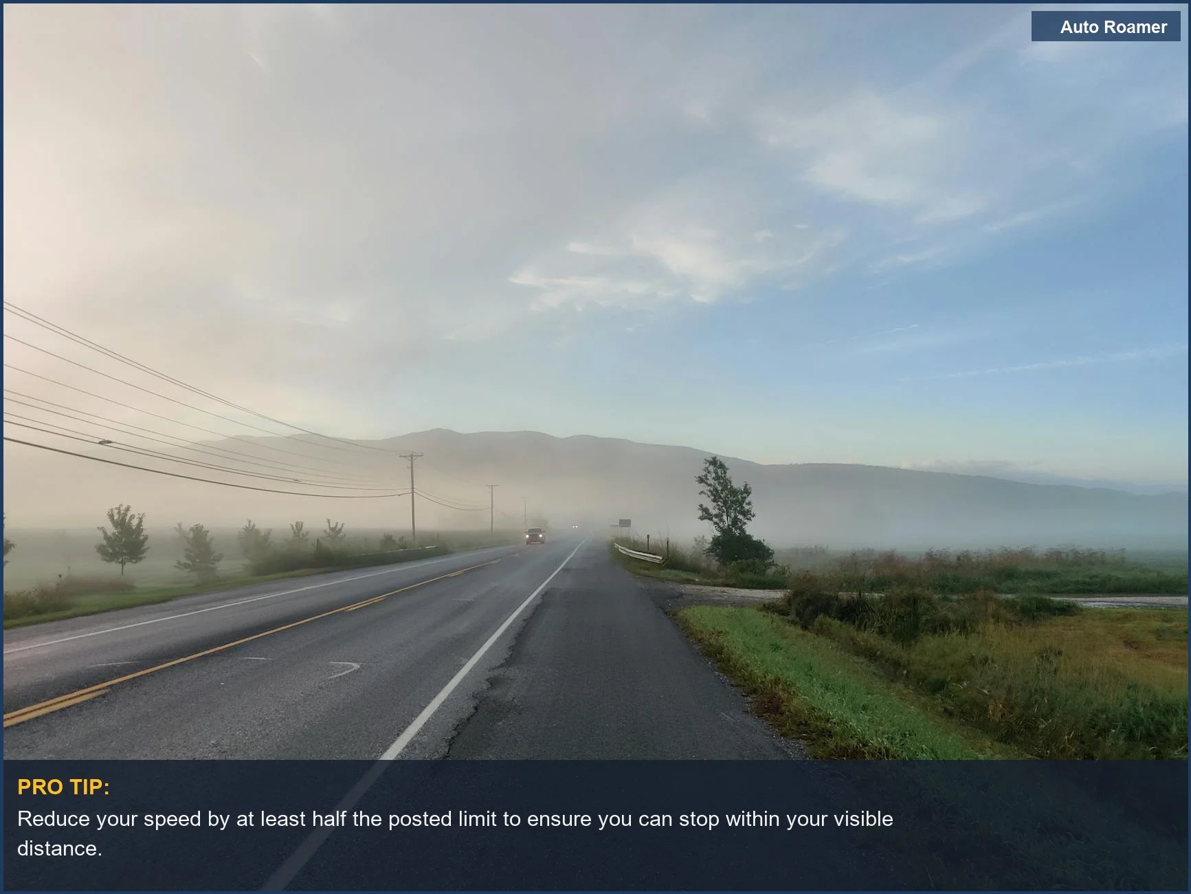 Serene foggy morning on a Vermont road, ideal for understanding fog driving tips.