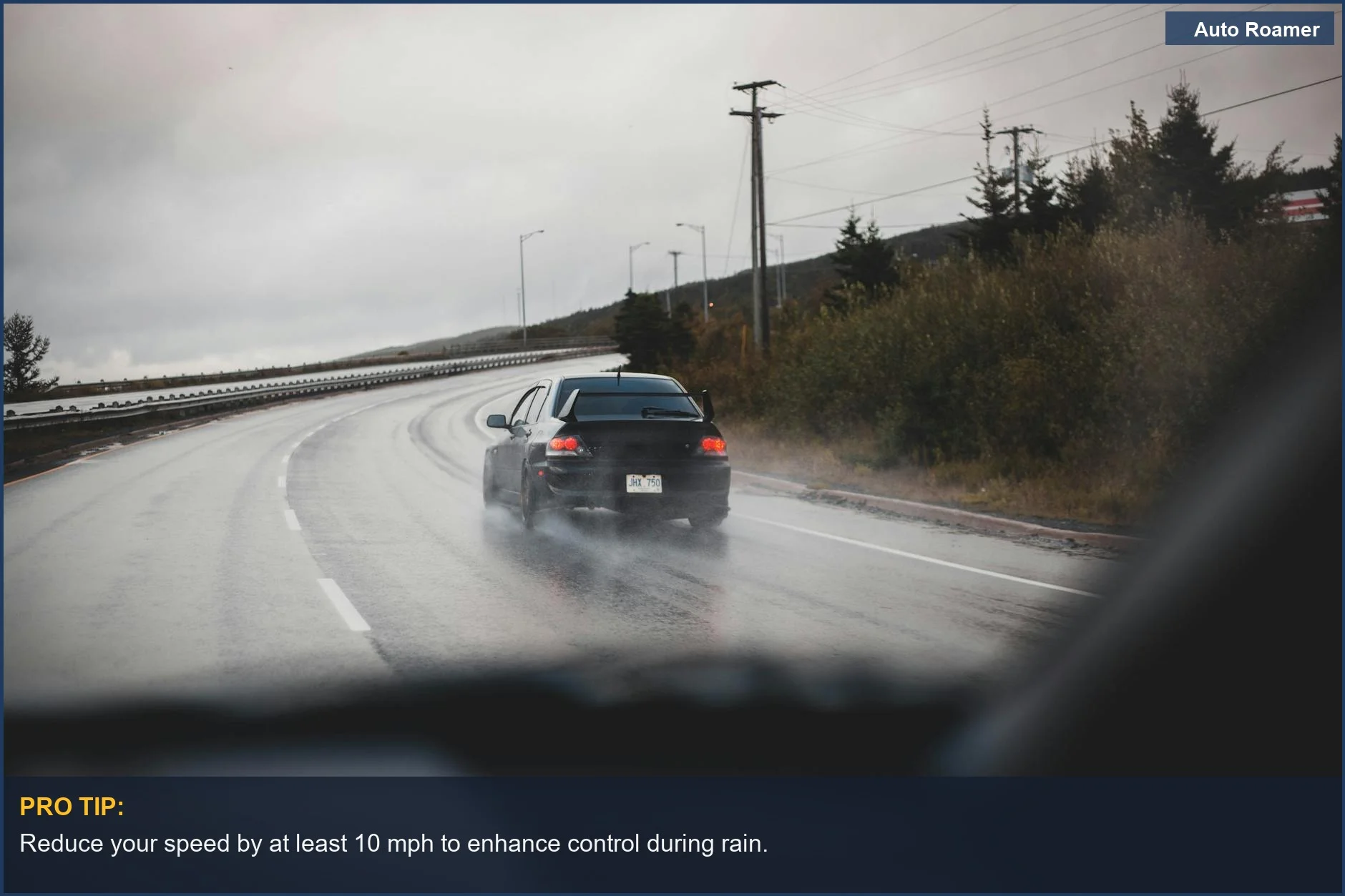 Black car driving on a rainy highway, demonstrating safe driving in heavy rain tips.