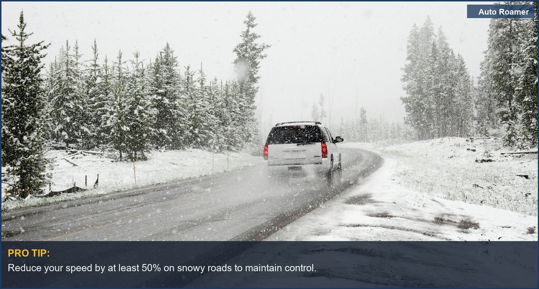 Car driving through a snowstorm on a wintry road, illustrating how to drive in snow and ice.