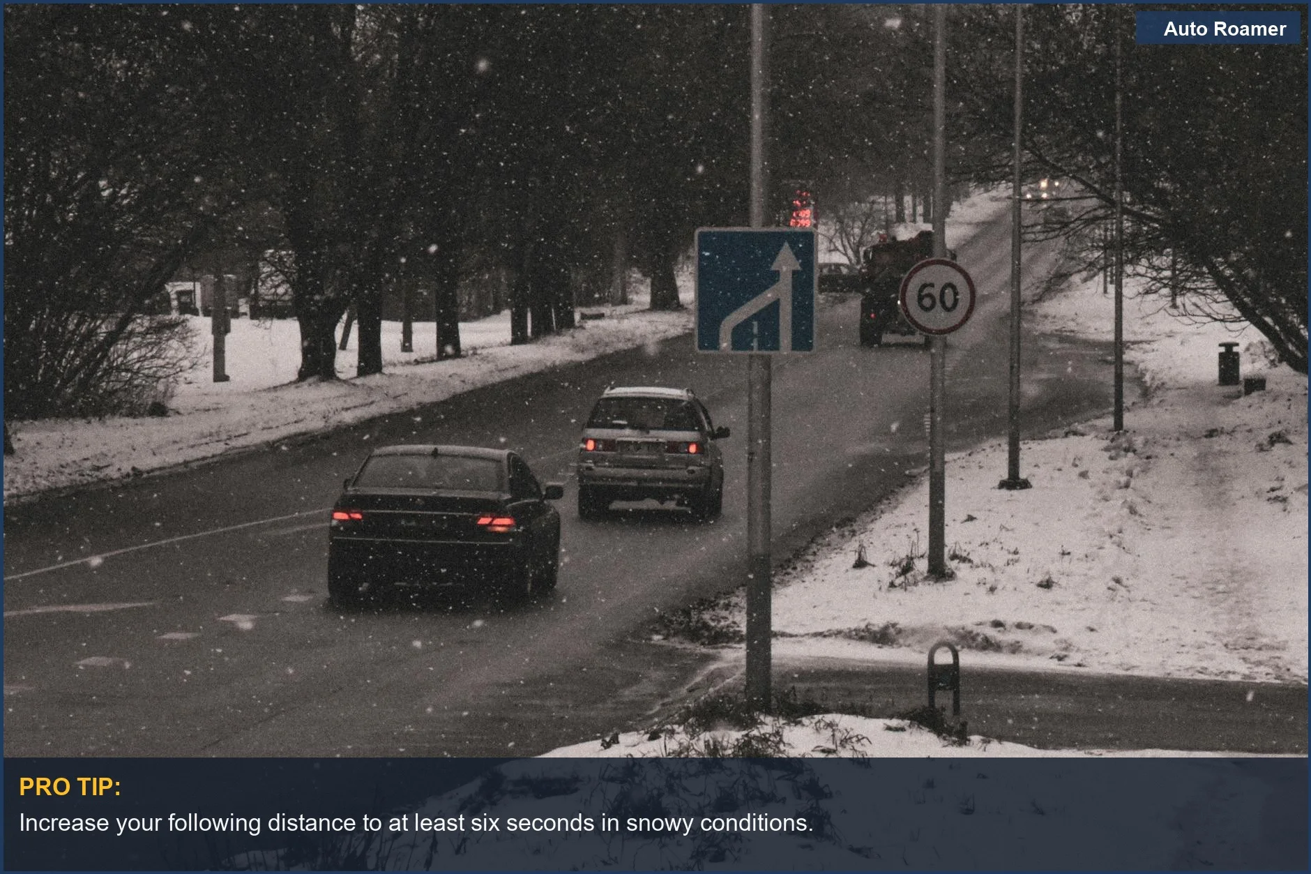 Cars traveling on a snow-covered road during snowfall, depicting winter travel challenges.