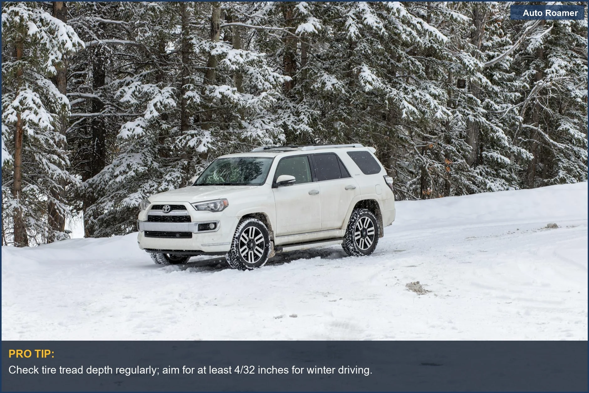 White SUV parked in a snow-covered forest, representing winter driving conditions.